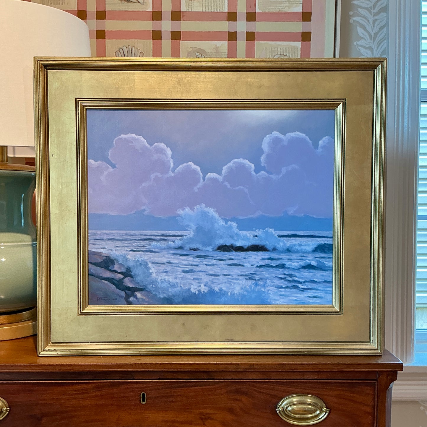 Anthony R. Thompson Moonlit Surf Monhegan Island Maine Seascape Oil Painting in Gold Frame