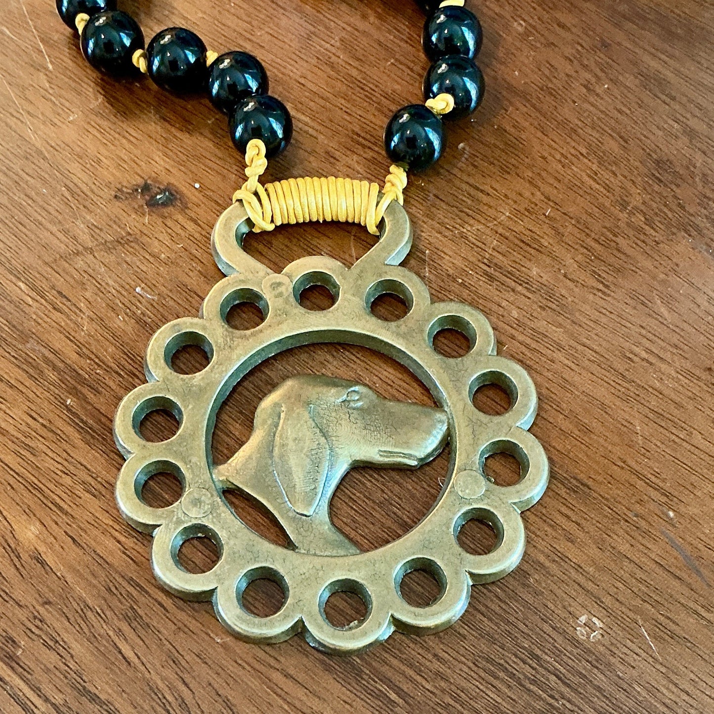 Antique English Horse Brass Dog Medallion Black Jasper Beaded Hand Knotted Necklace