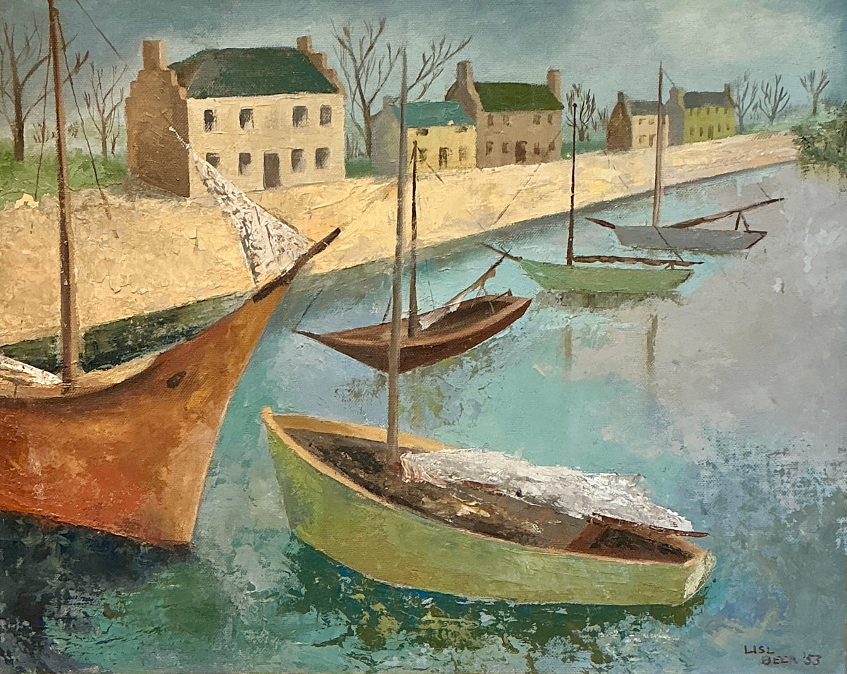 Lisl Beer 1953 Coastal Landscape with Boats Oil Painting in Gold Frame