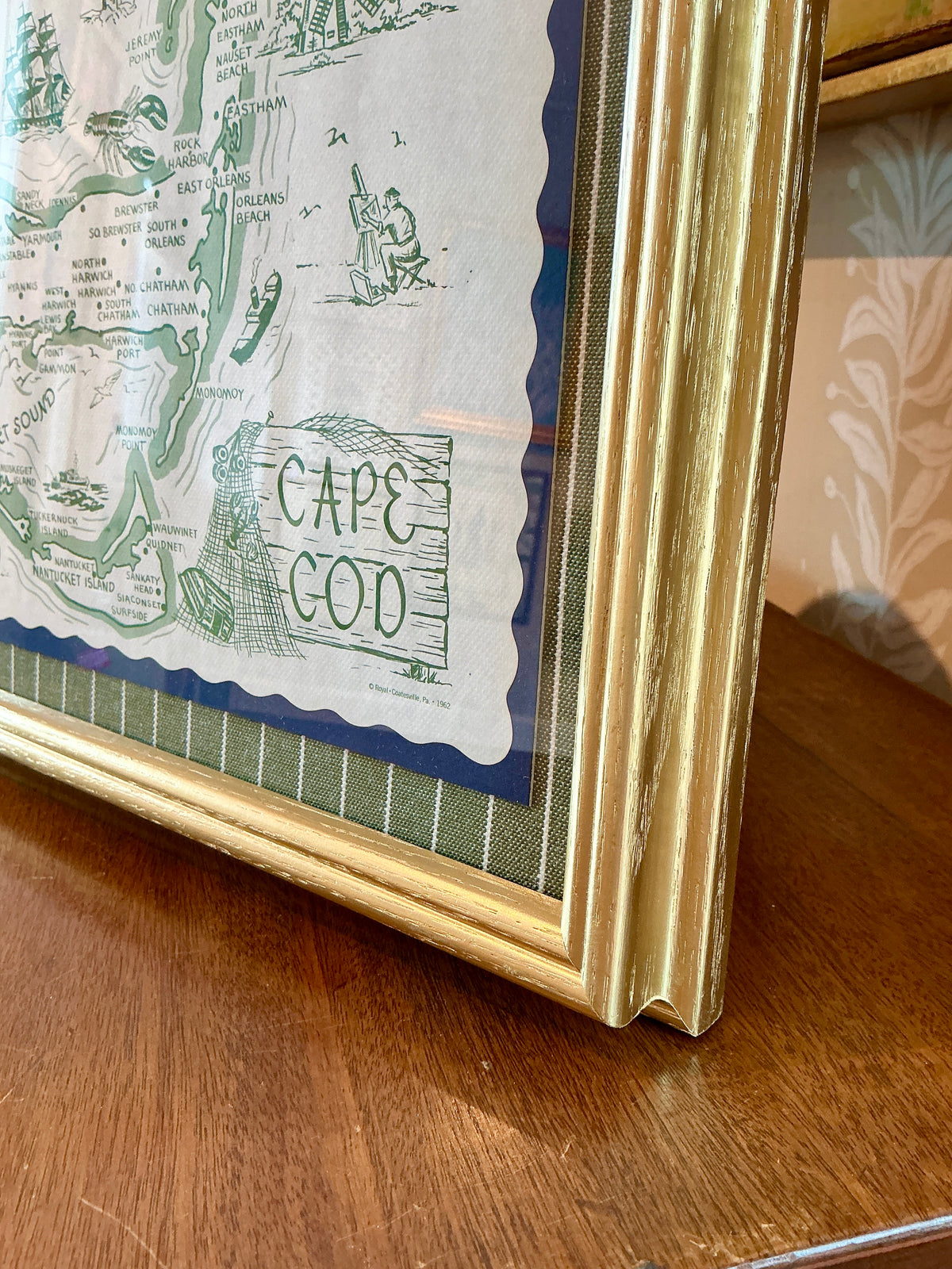 1962 Vintage Cape Cod Nantucket Martha's Vineyard Placemat Map on Green Stripes in Gold Frame