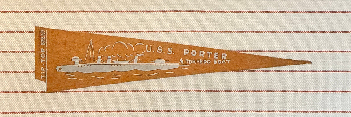 Vintage U.S.S. Porter Naval Ship Wool Pennant on Orange and White Stripes in Gold Frame