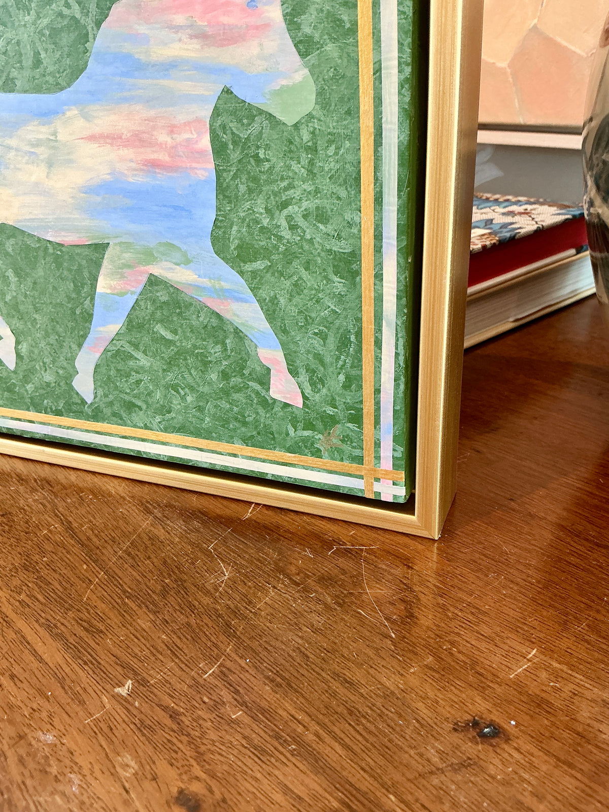 Heather Carey Field Day Horse Portrait Mixed Media in Gold Floater Frame
