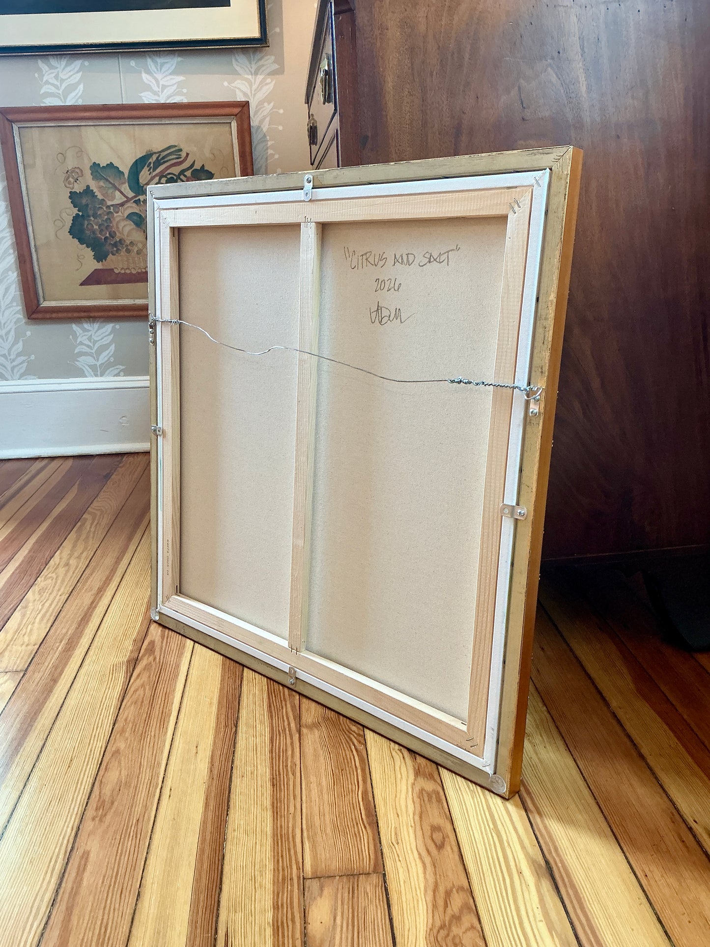 Alison Diamond McElroy Citrus and Salt Abstract Floral Painting in Gold Bamboo Frame
