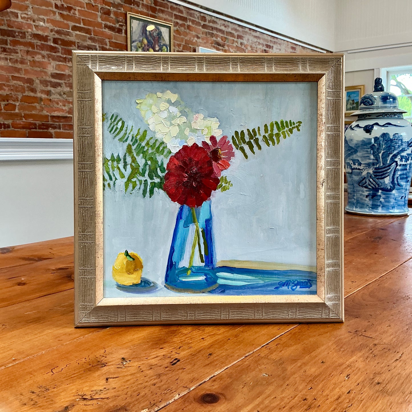 Gretchen McGinnis The Red Dahlia Still Life Oil Painting in Gold Frame
