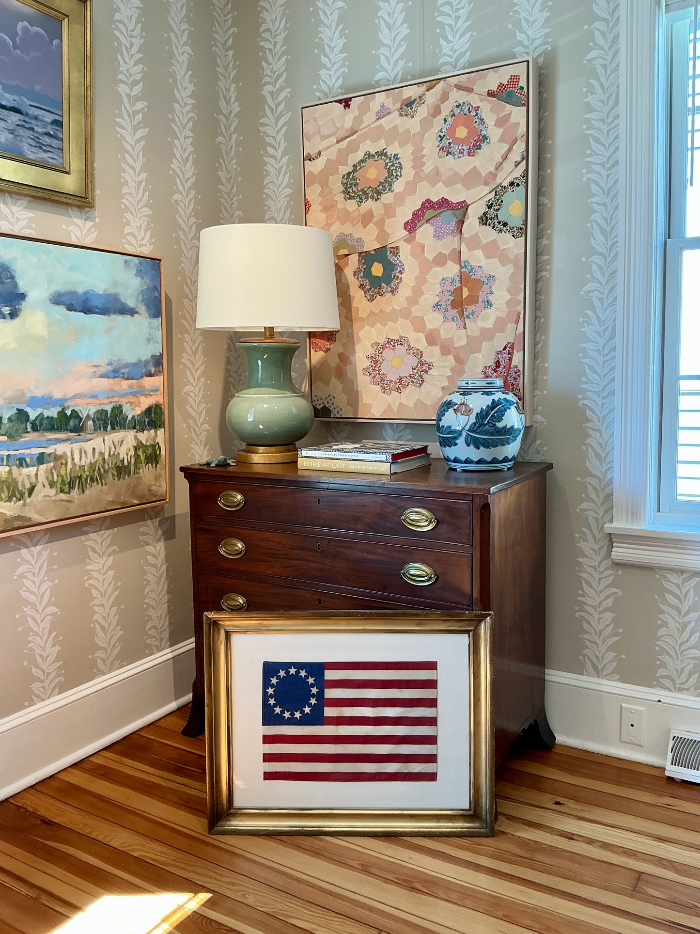 Vintage Betsy Ross 13 Star Flag on Ivory Duck Cloth in Gold Frame