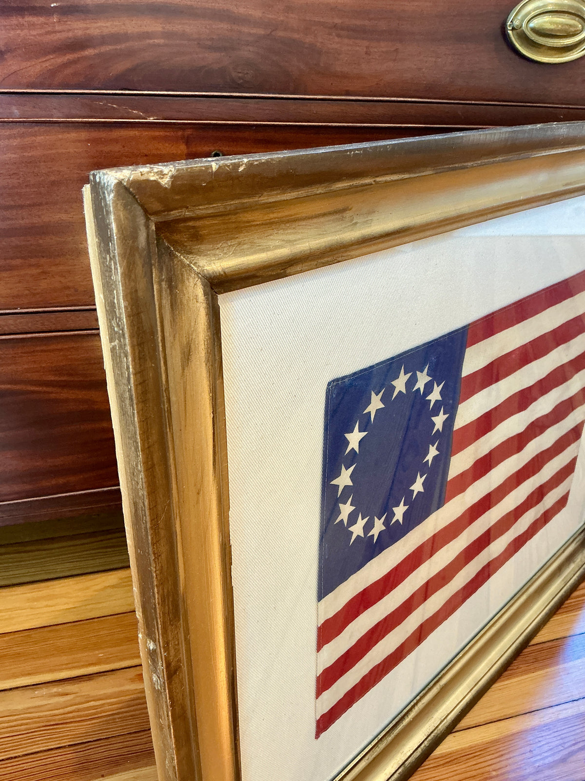 Vintage Betsy Ross 13 Star Flag on Ivory Duck Cloth in Gold Frame