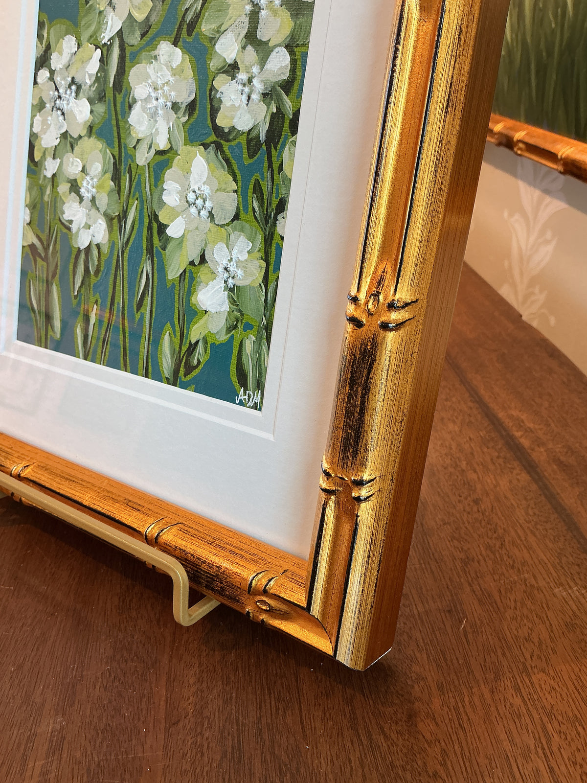 Alison Diamond McElroy The Green Hour Abstract Floral Painting in Gold Bamboo Frame