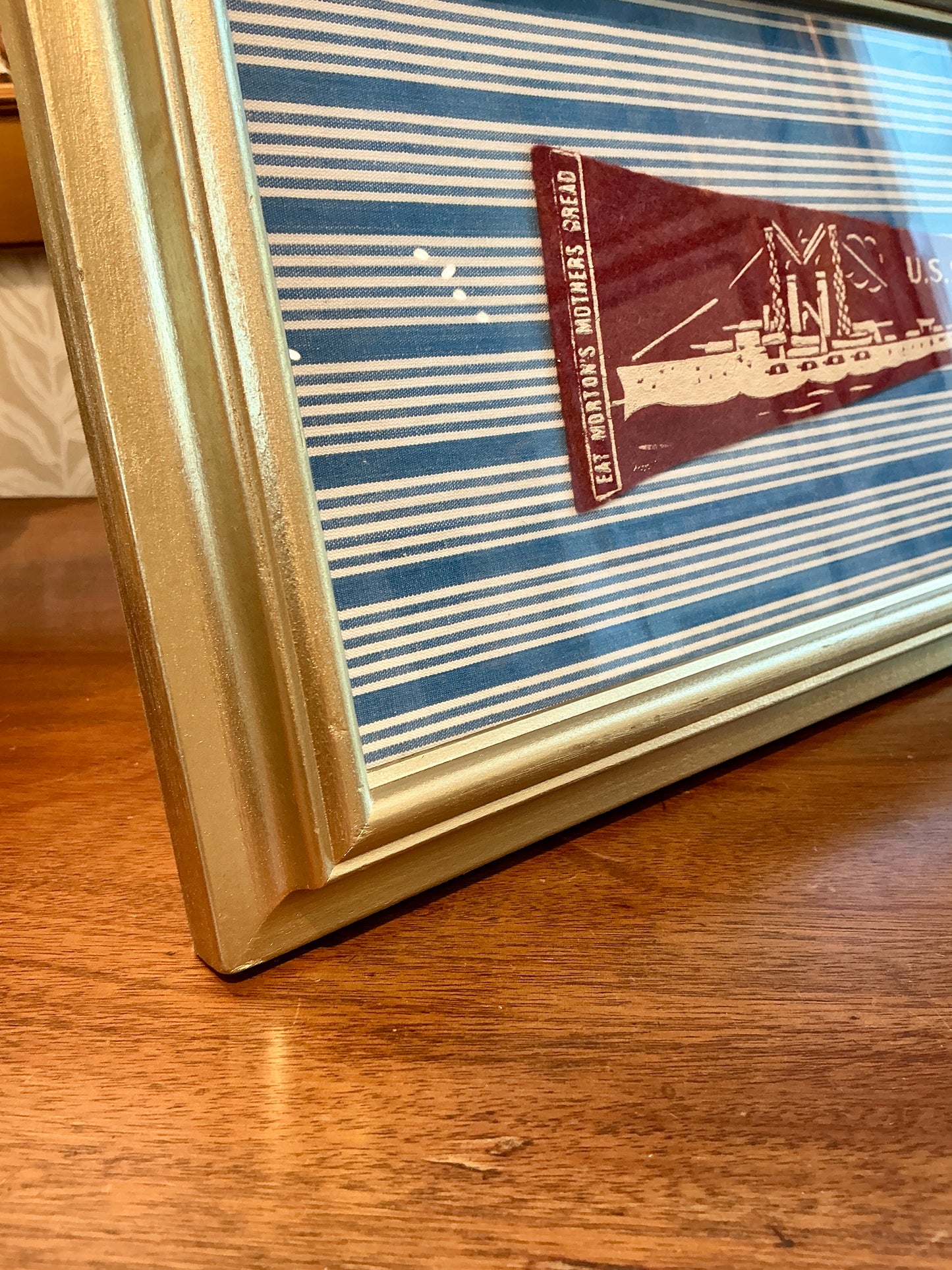 Vintage U.S.S. Florida Naval Ship Wool Pennant on Blue Stripes in Gold Frame