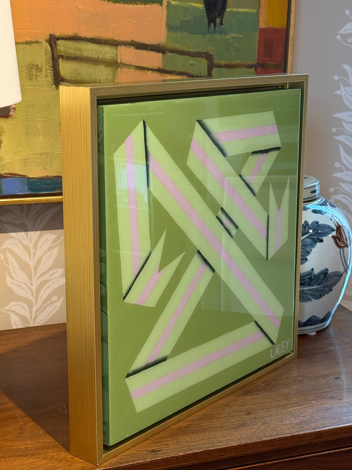 Lacey Craig Hooper Kiwi Ribbon Series Painting in Gold Floater Frame