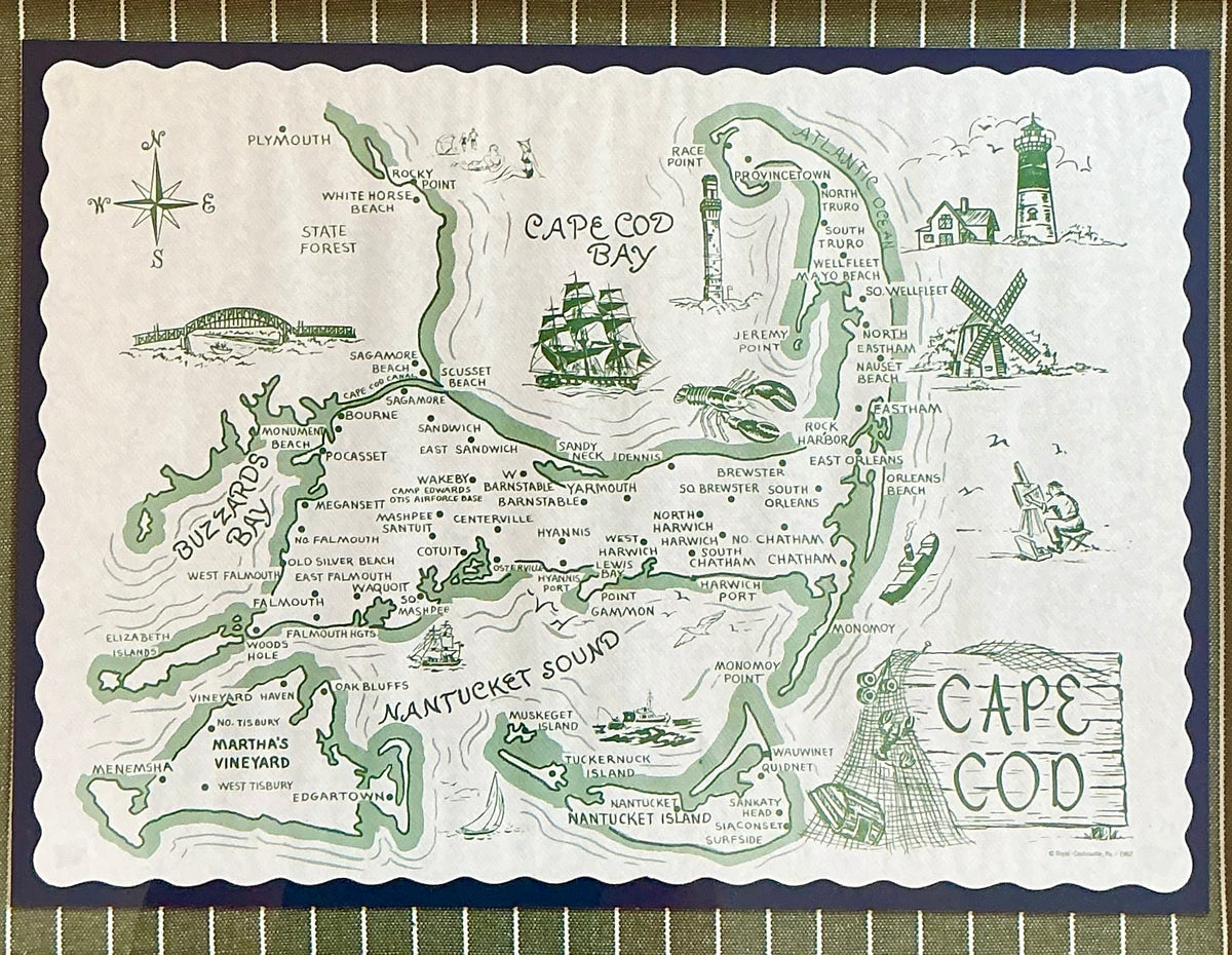 1962 Vintage Cape Cod Nantucket Martha's Vineyard Placemat Map on Green Stripes in Gold Frame