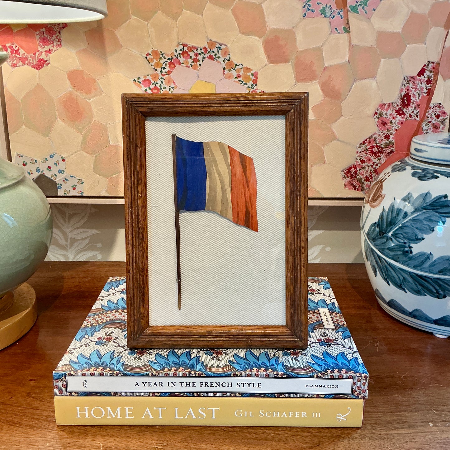 Antique French Flag Oil Painting on Ivory Duck Cloth in Oak Wood Frame
