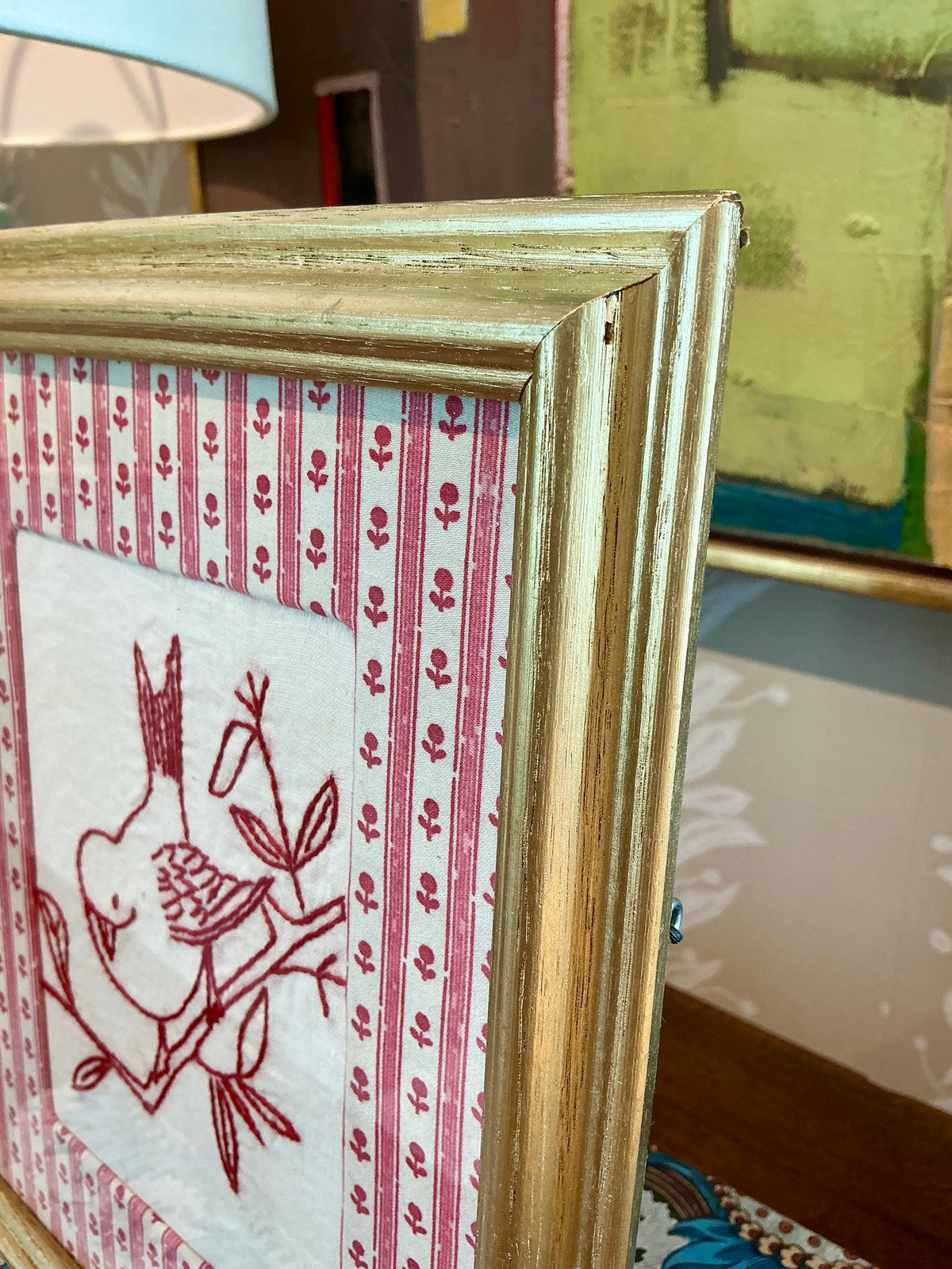 Antique Redwork Bird On Branch Embroidery in Pink Floral Brunschwig & Fils Wrapped Mat in Gold Frame