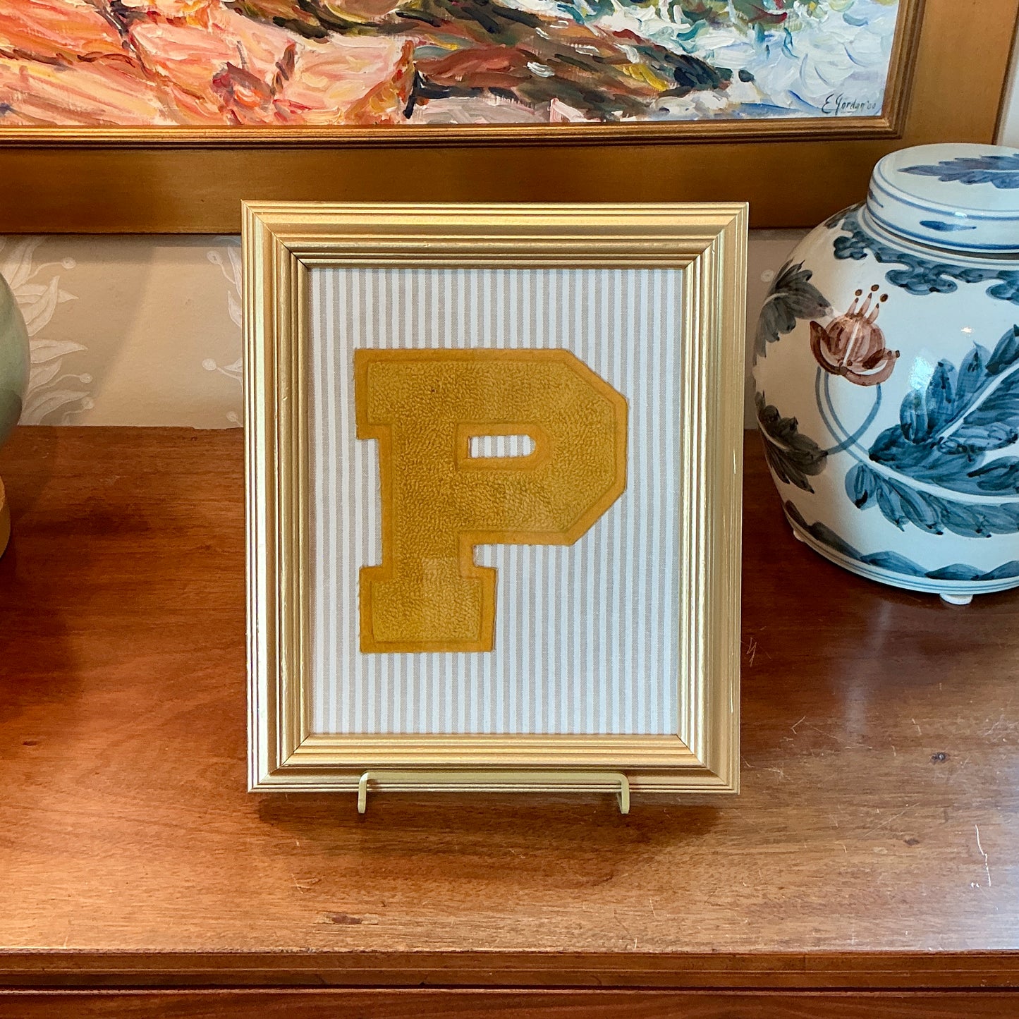 Vintage Varsity Letter Initial "P" on Taupe Stripes in Gold Frame