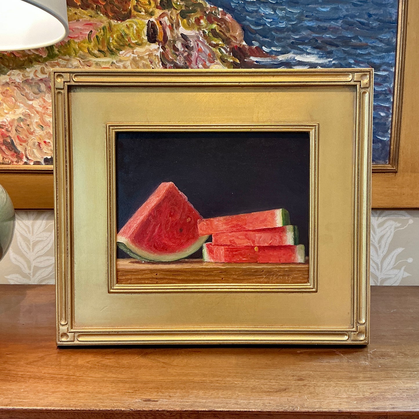 Youqing Wang Watermelon Slices on Wood Table Still Life Oil Painting in Gold Frame