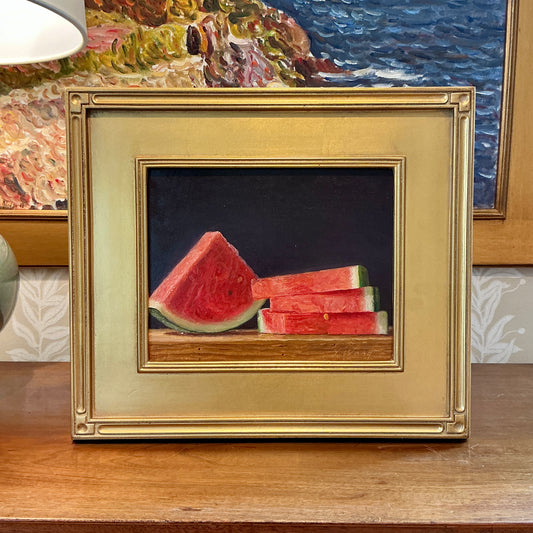 Youqing Wang Watermelon Slices on Wood Table Still Life Oil Painting in Gold Frame