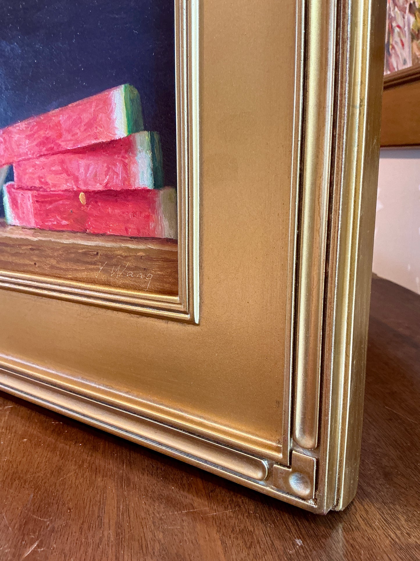Youqing Wang Watermelon Slices on Wood Table Still Life Oil Painting in Gold Frame