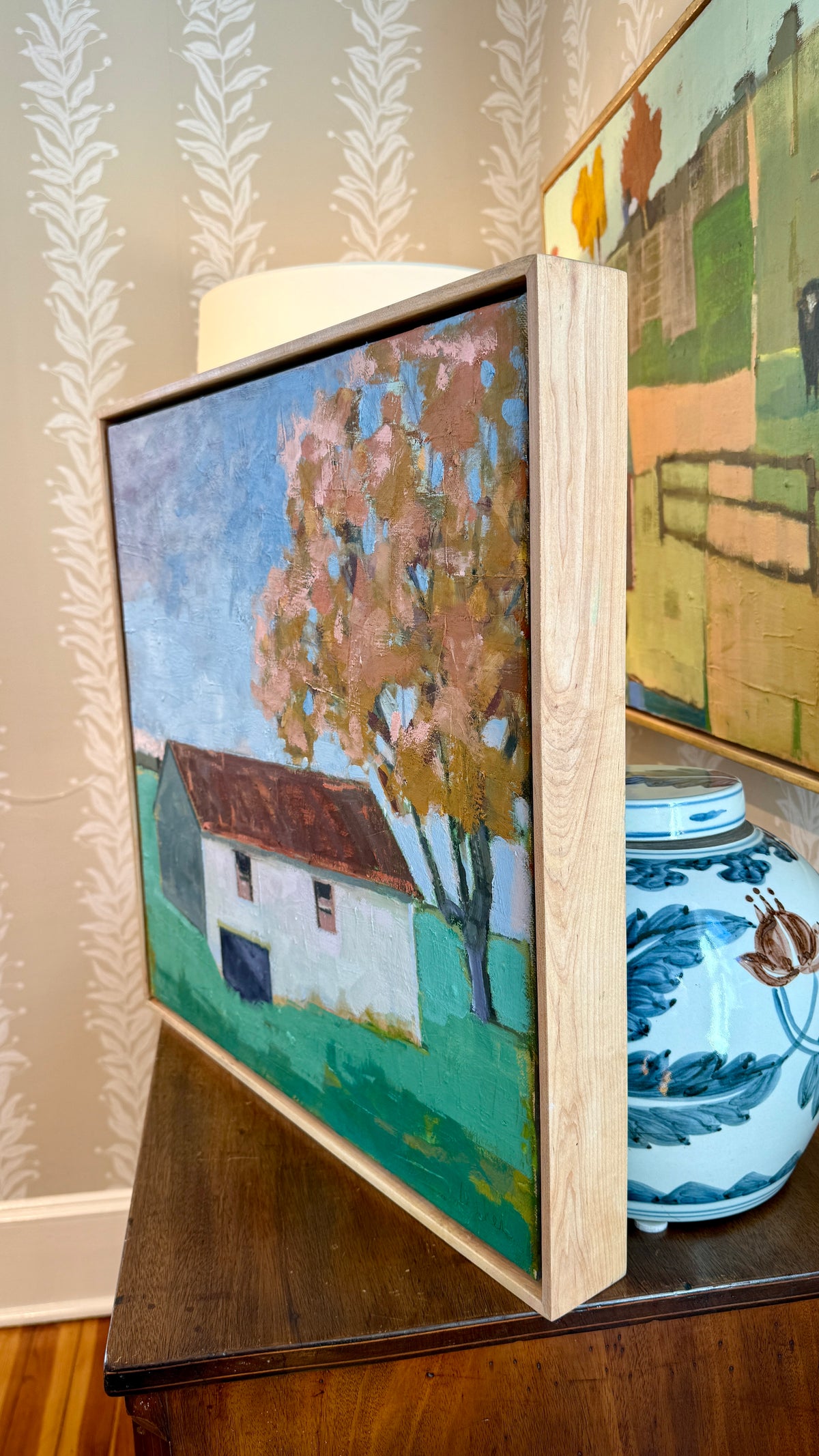 Carol Lesher Morning Landscape Oil Painting in Natural Wood Floater Frame