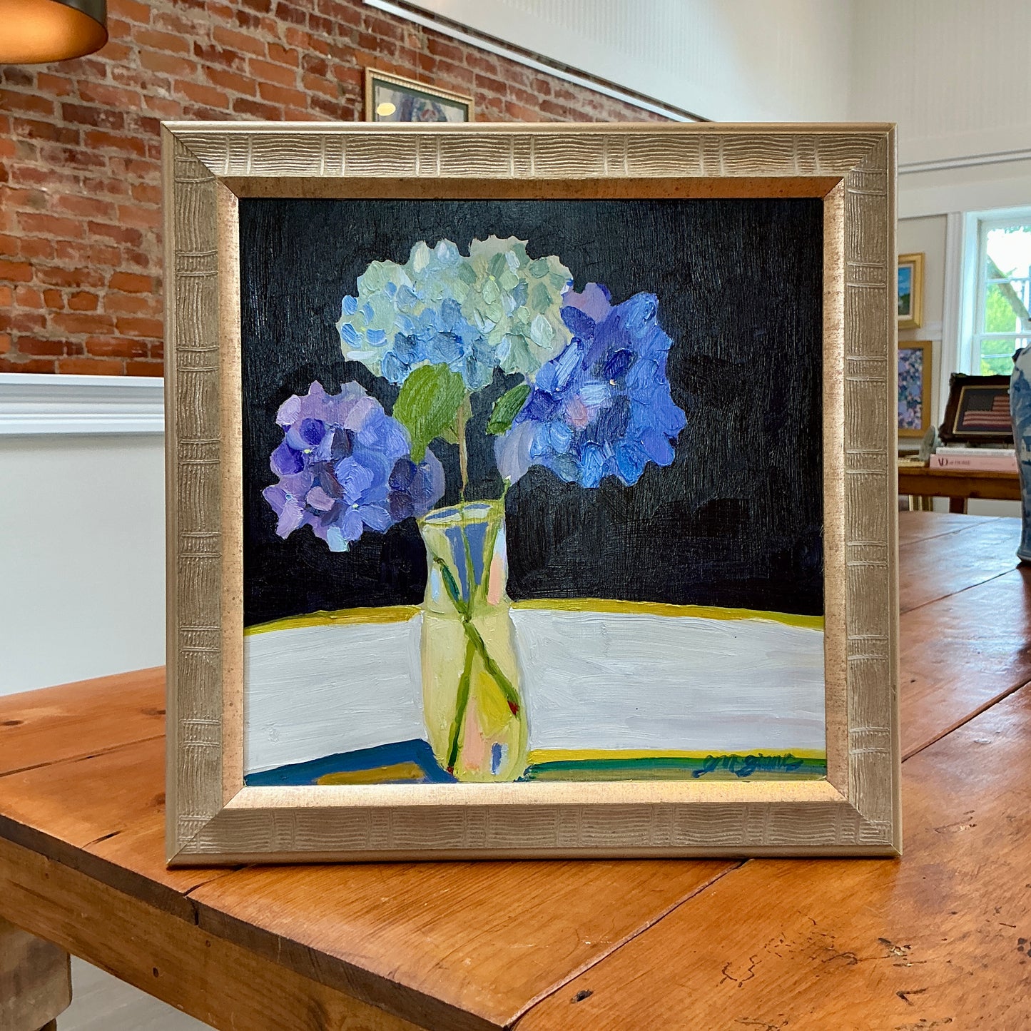 Gretchen McGinnis The Hydrangea Table Still Life Oil Painting in Gold Frame