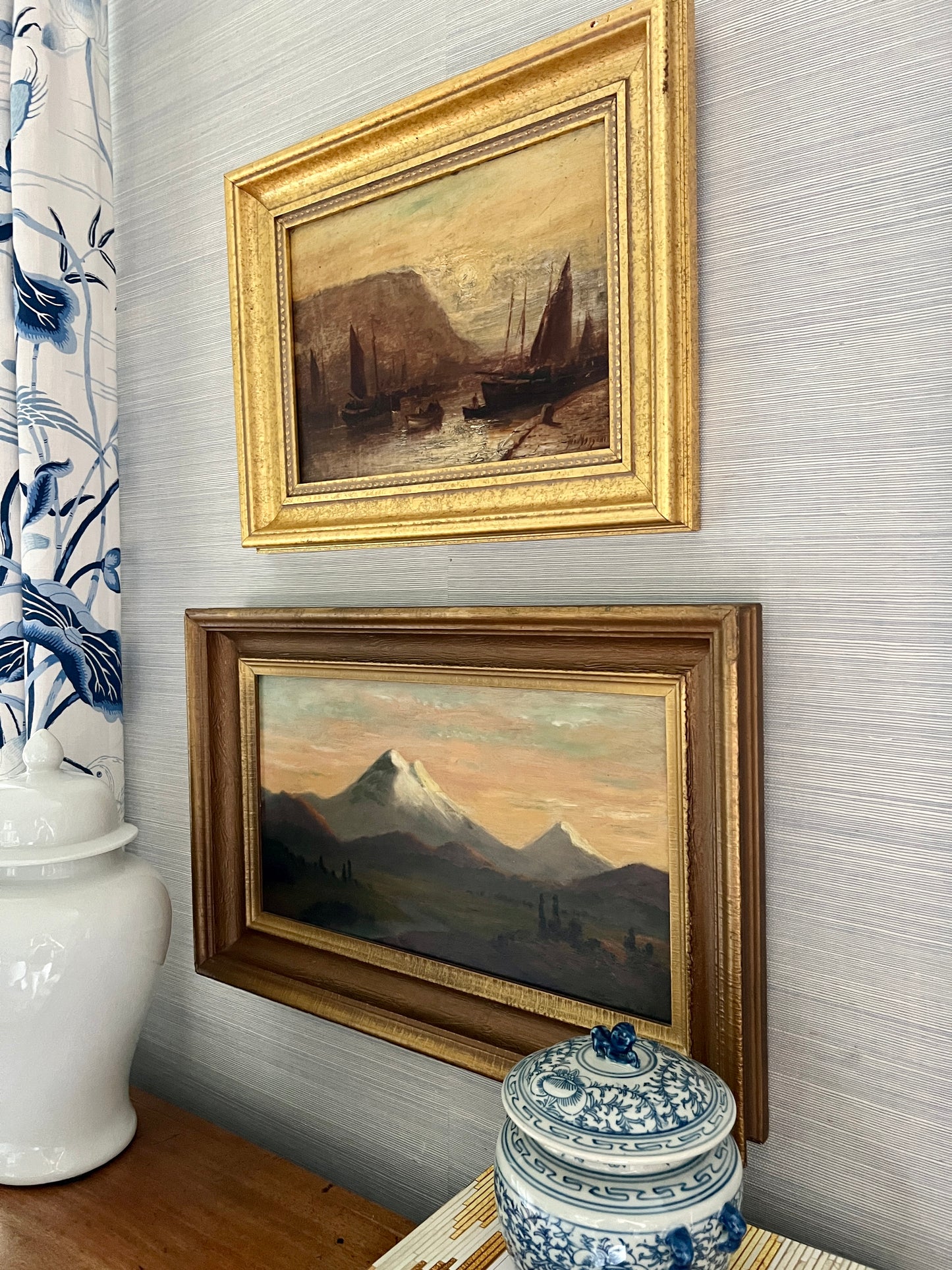 Antique American West Mountain Landscape Painting in Dark Gold Wood Frame
