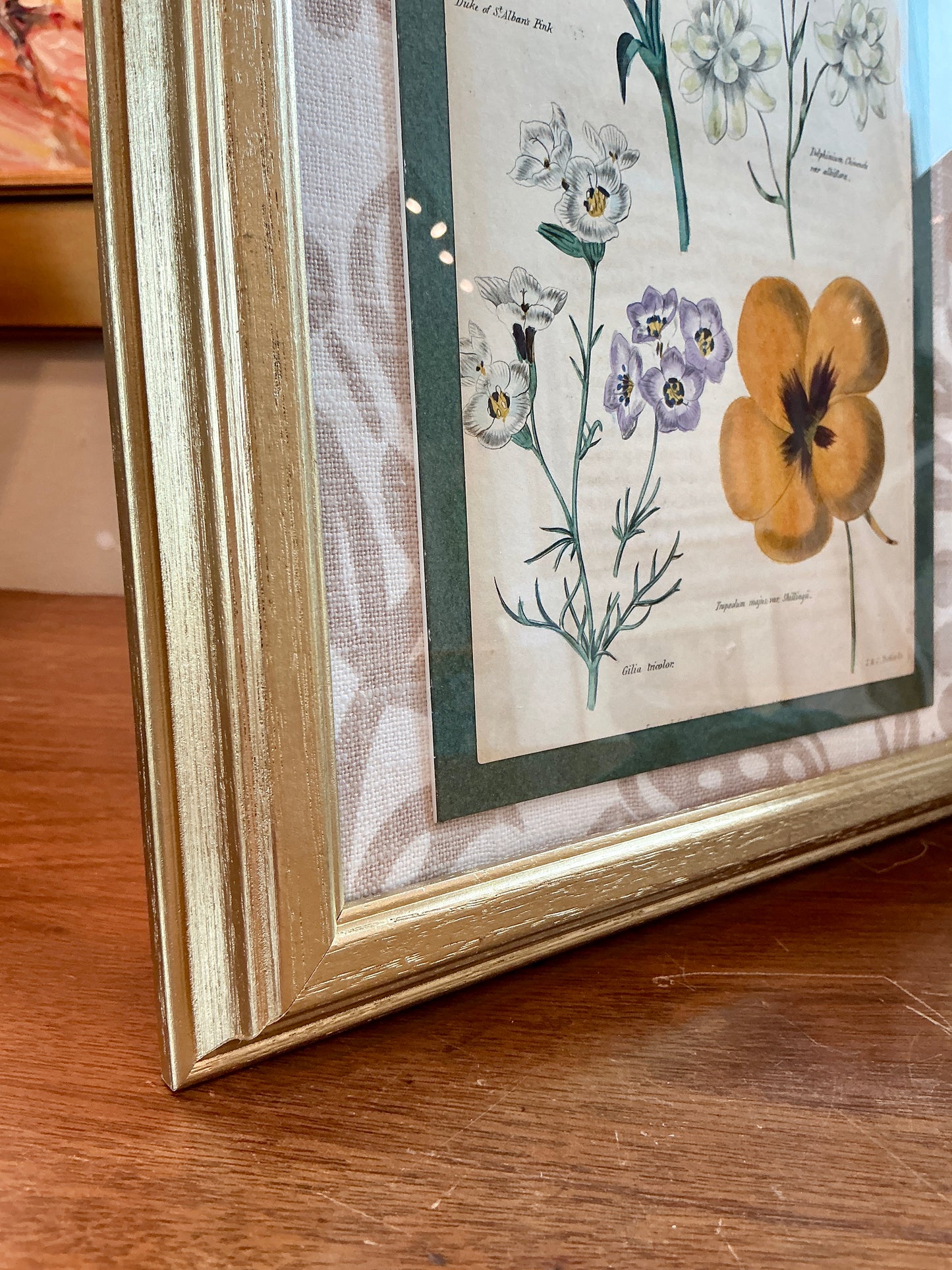 Pair Of Early 19th Hand Colored Botanical J & J Parkin Bookplates on Taupe Botanical Fabric in Gold Frames