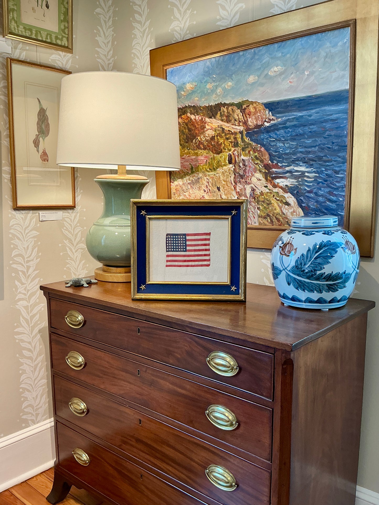 Vintage 48 Star American Flag on Ivory Duck Cloth with Blue Ribbon and Star Rivets in Gold Frame