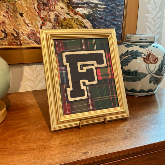 Vintage Varsity Letter Initial F on Madras Patch Fabric in Gold Frame