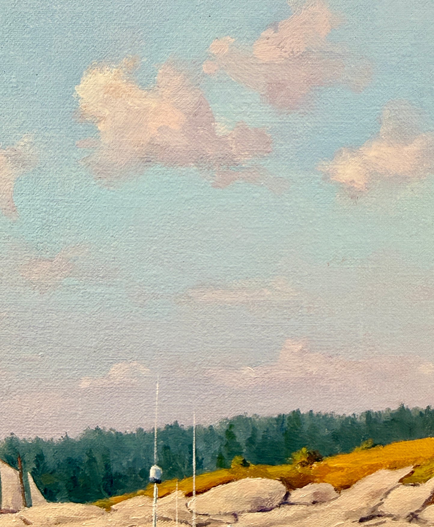 Anthony R. Thompson Deer Isle Lighthouse Lobster Boat Coastal Landscape Oil Painting in Gold Frame