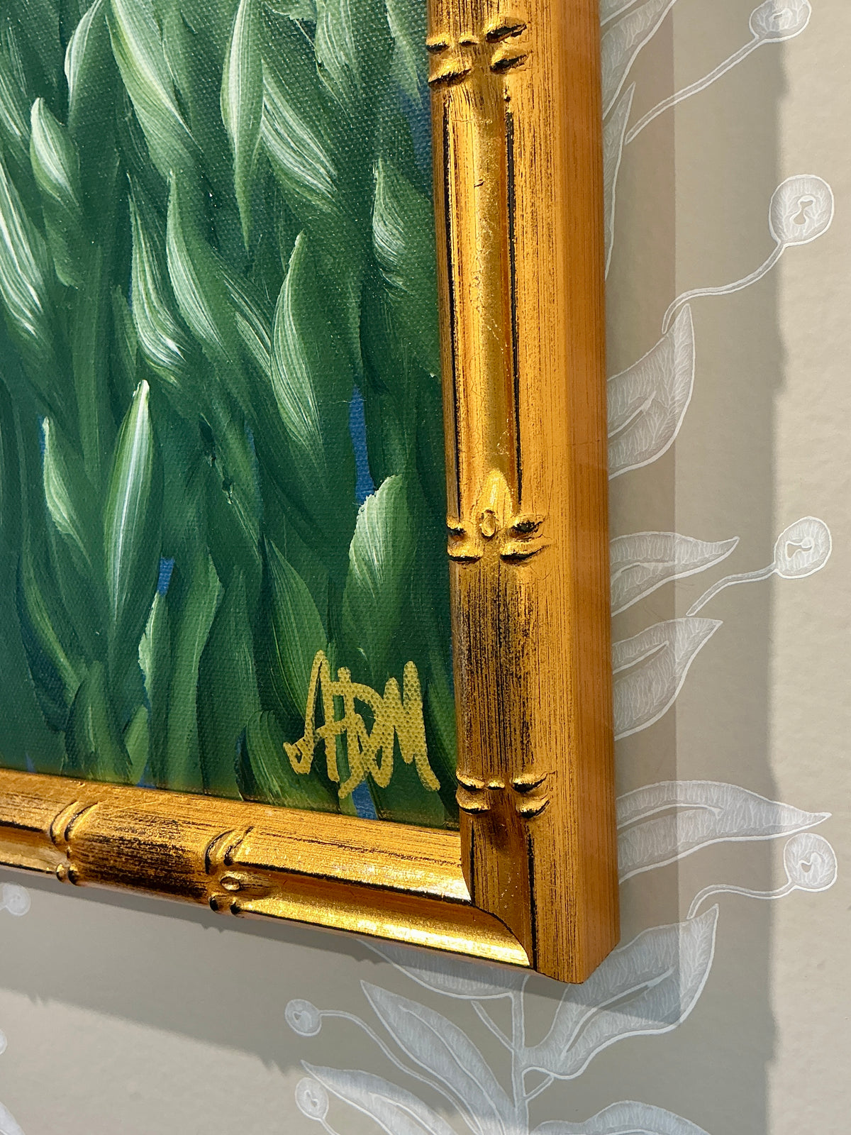 Alison Diamond McElroy Midnight Garden II Abstract Floral Painting in Gold Bamboo Frame
