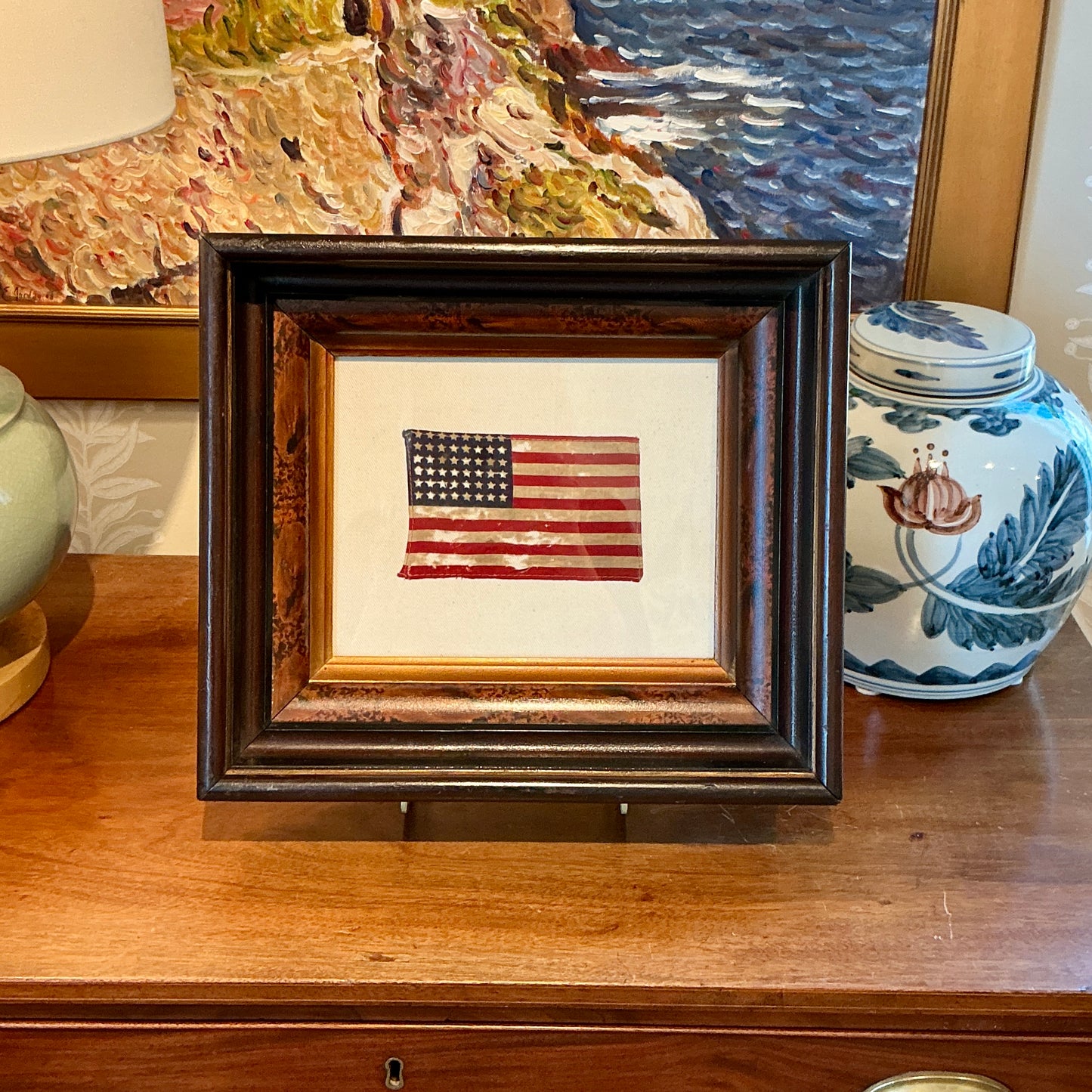 Antique 48 Star American Flag on Ivory Duck Cloth in Antique Walnut and Flame Mahogany Frame