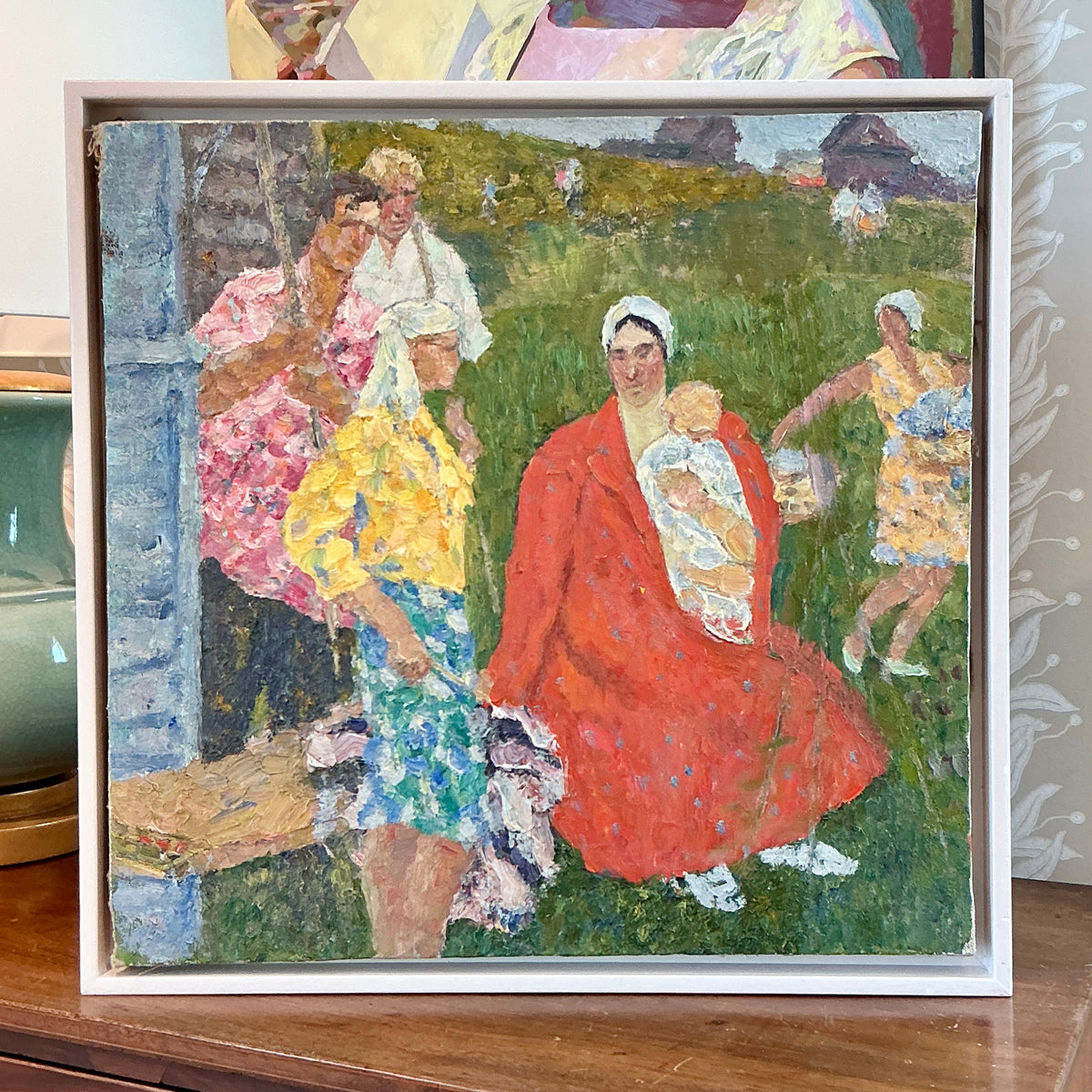 Mid Century The Summer Gathering Oil Painting In White Floater Frame