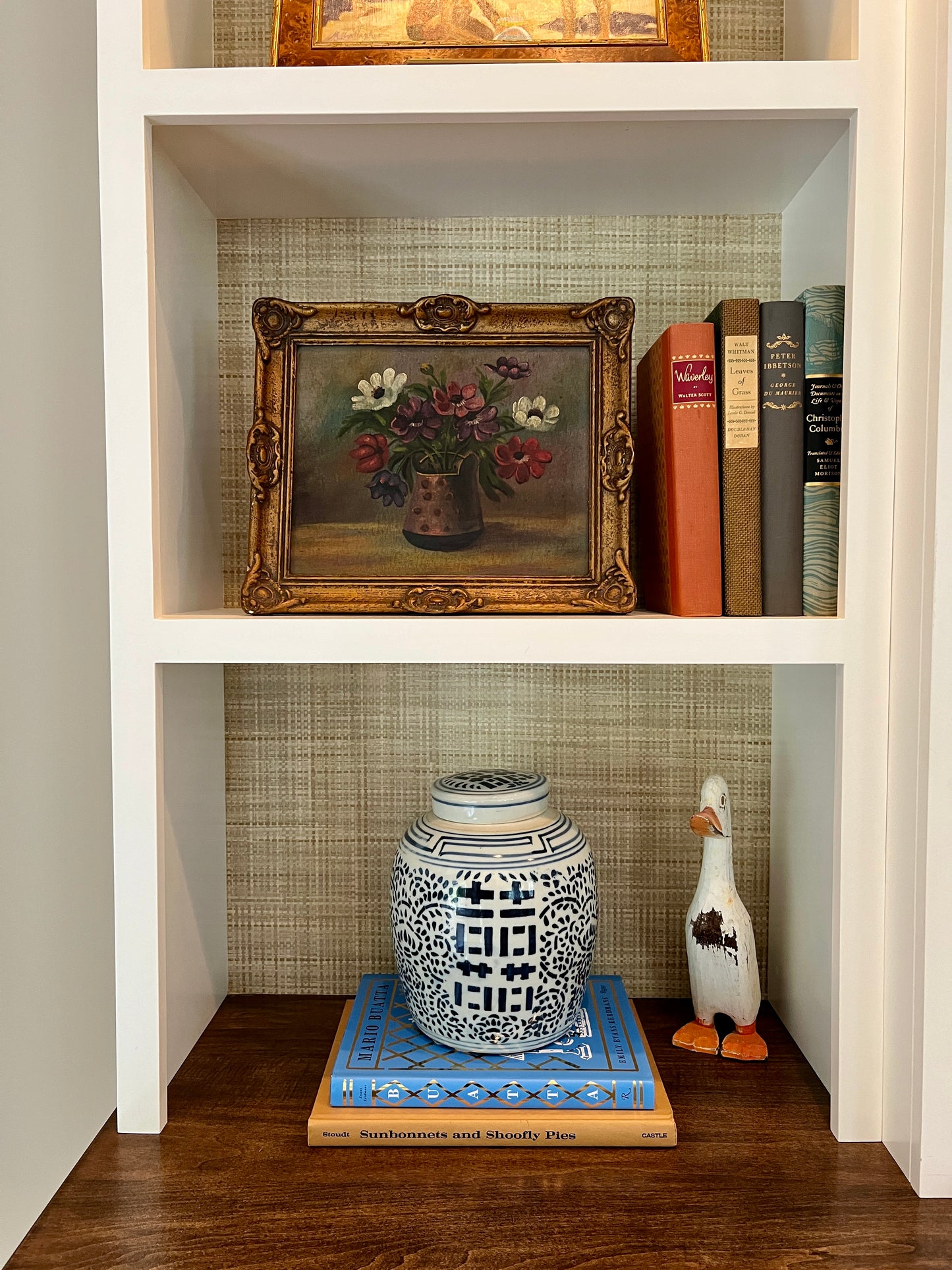 Antique Early 20th century Anenomes in Polka Dot Vase Still Life Oil Painting in Original Gold Frame