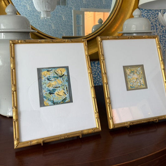 Vintage Colorful Abstract Oil Painting #26 in Light Gold Bamboo Frame