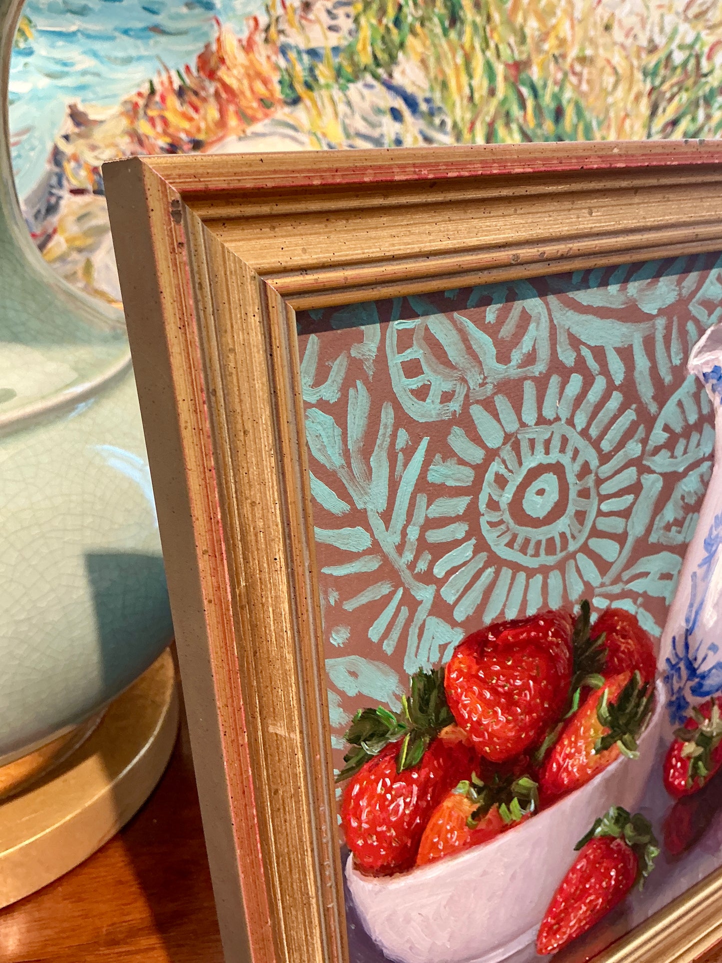Youqing Wang Strawberries in White Bowl with Pitcher Still Life Oil Painting in Gold Frame