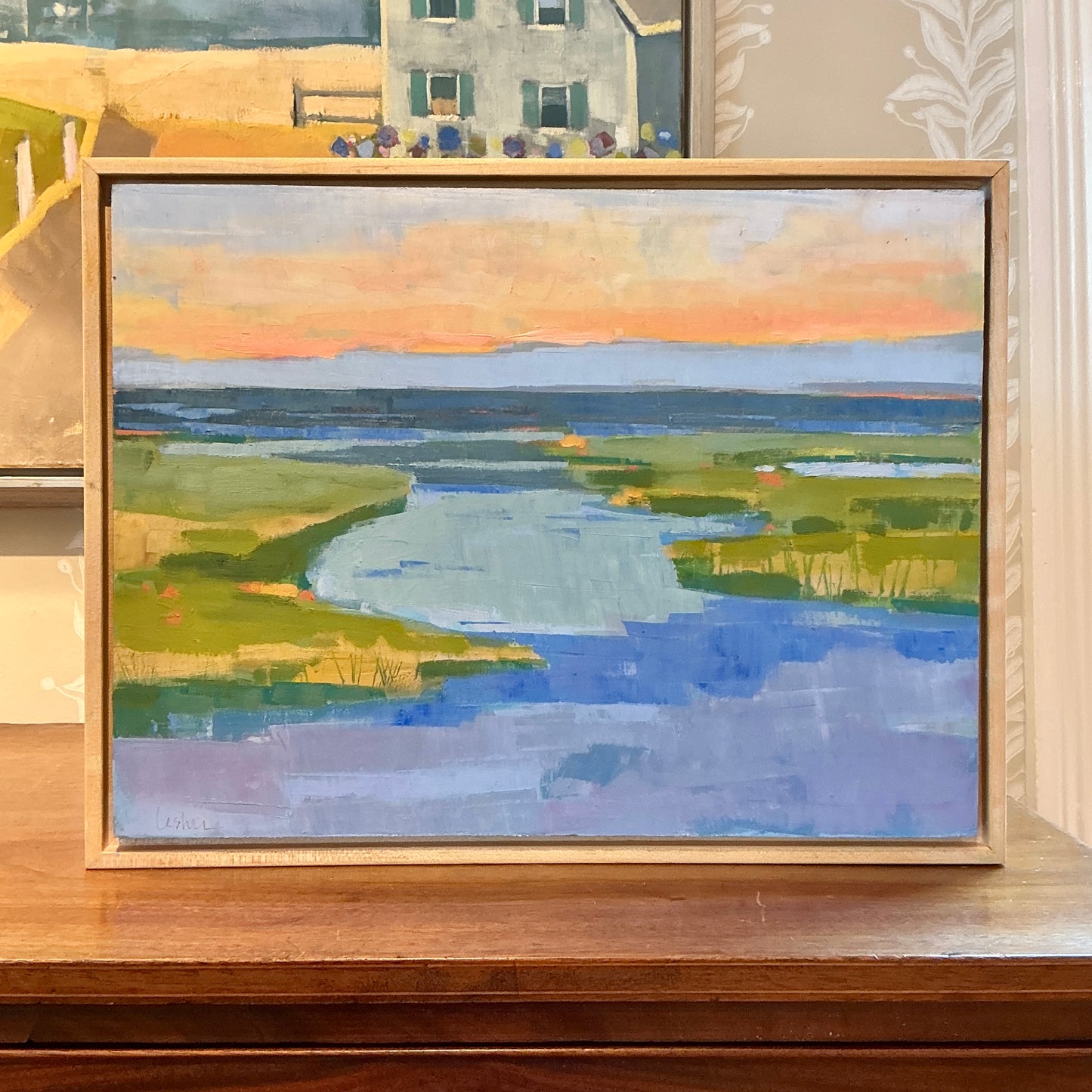 Carol Lesher By The Sea Coastal Landscape Oil Painting in Natural Wood Frame
