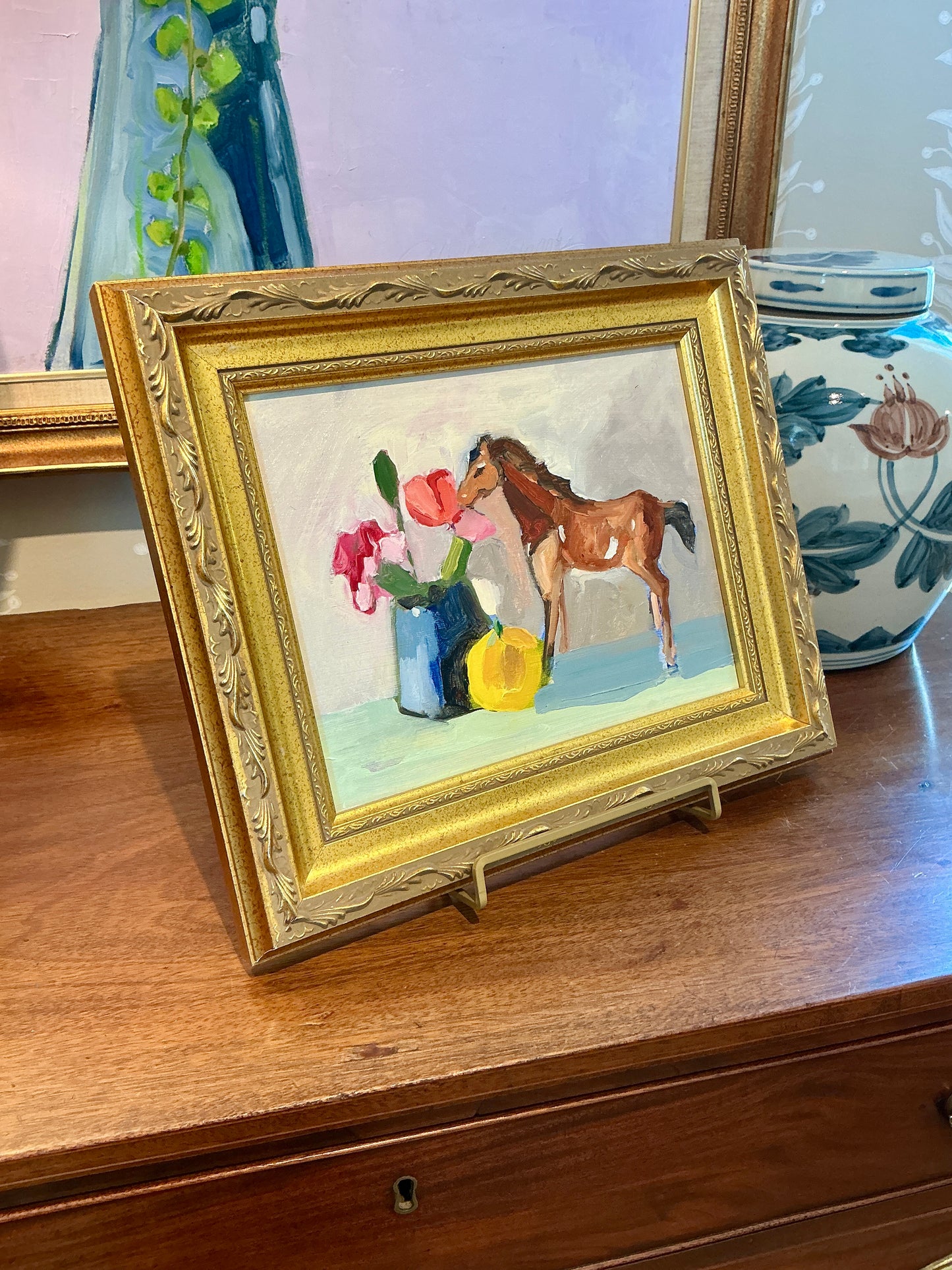 Gretchen McGinnis Little Giddy Up Still Life Oil Painting in Gold Frame