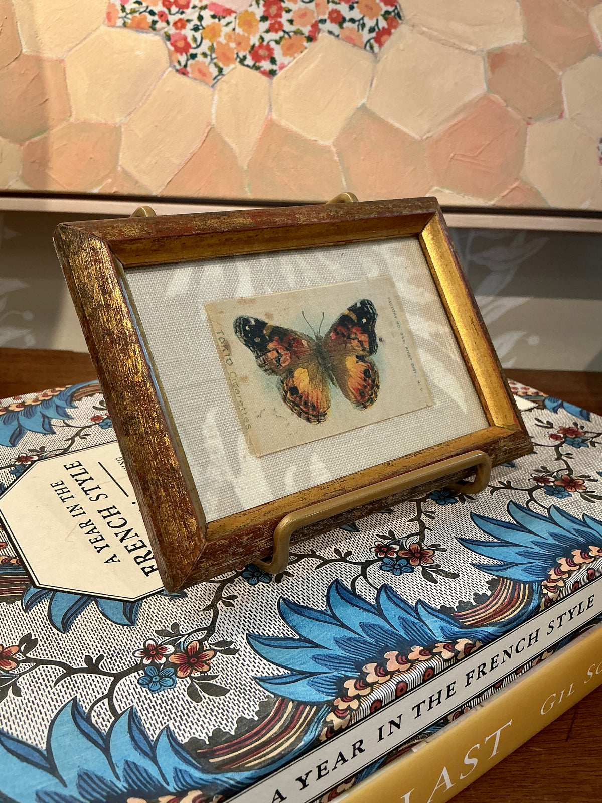 Antique Butterfly Tobacco Silk on Neutral Fabric in Rustic Gold Frame