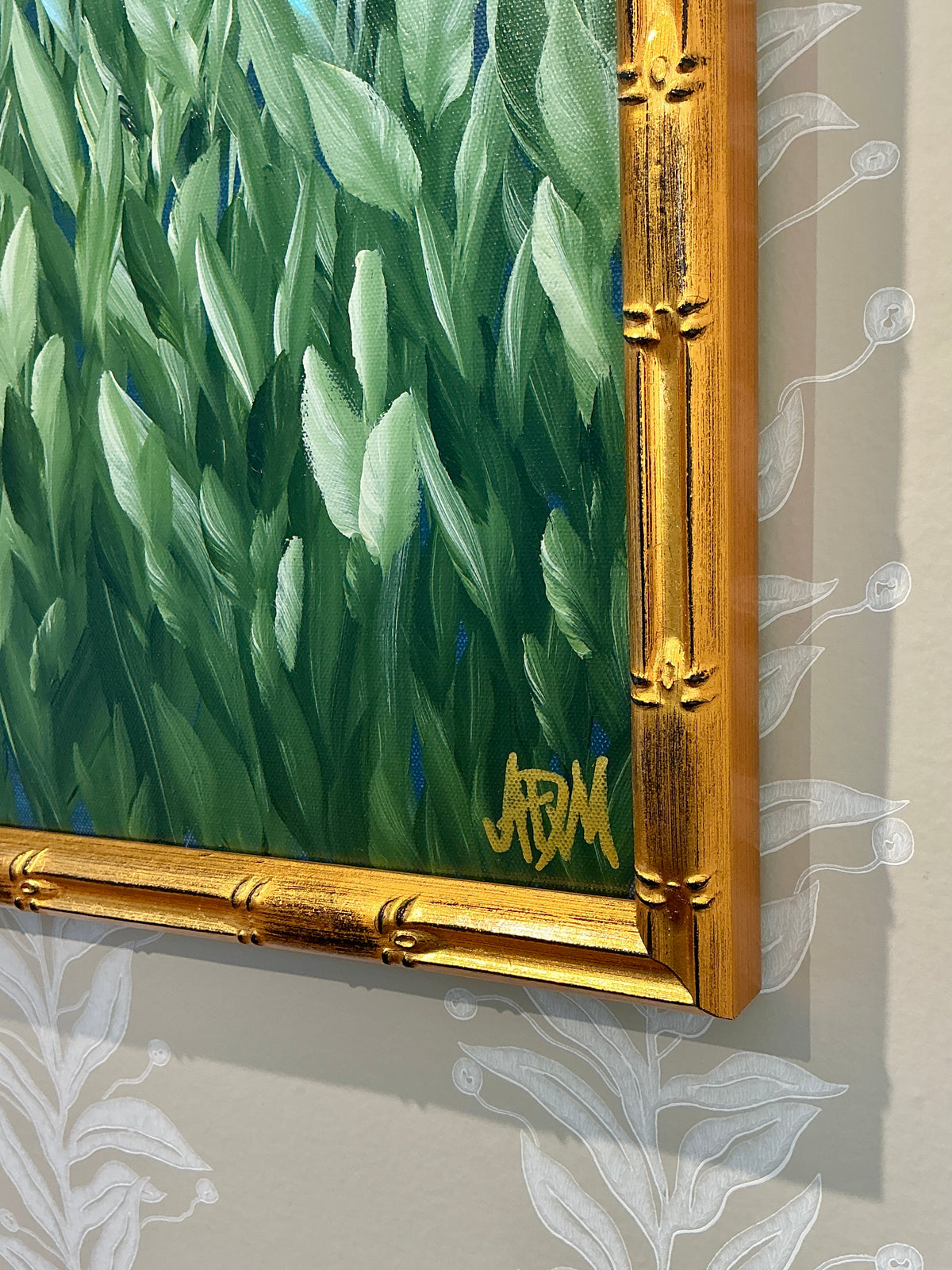 Alison Diamond McElroy Midnight Garden I Abstract Floral Painting in Gold Bamboo Frame