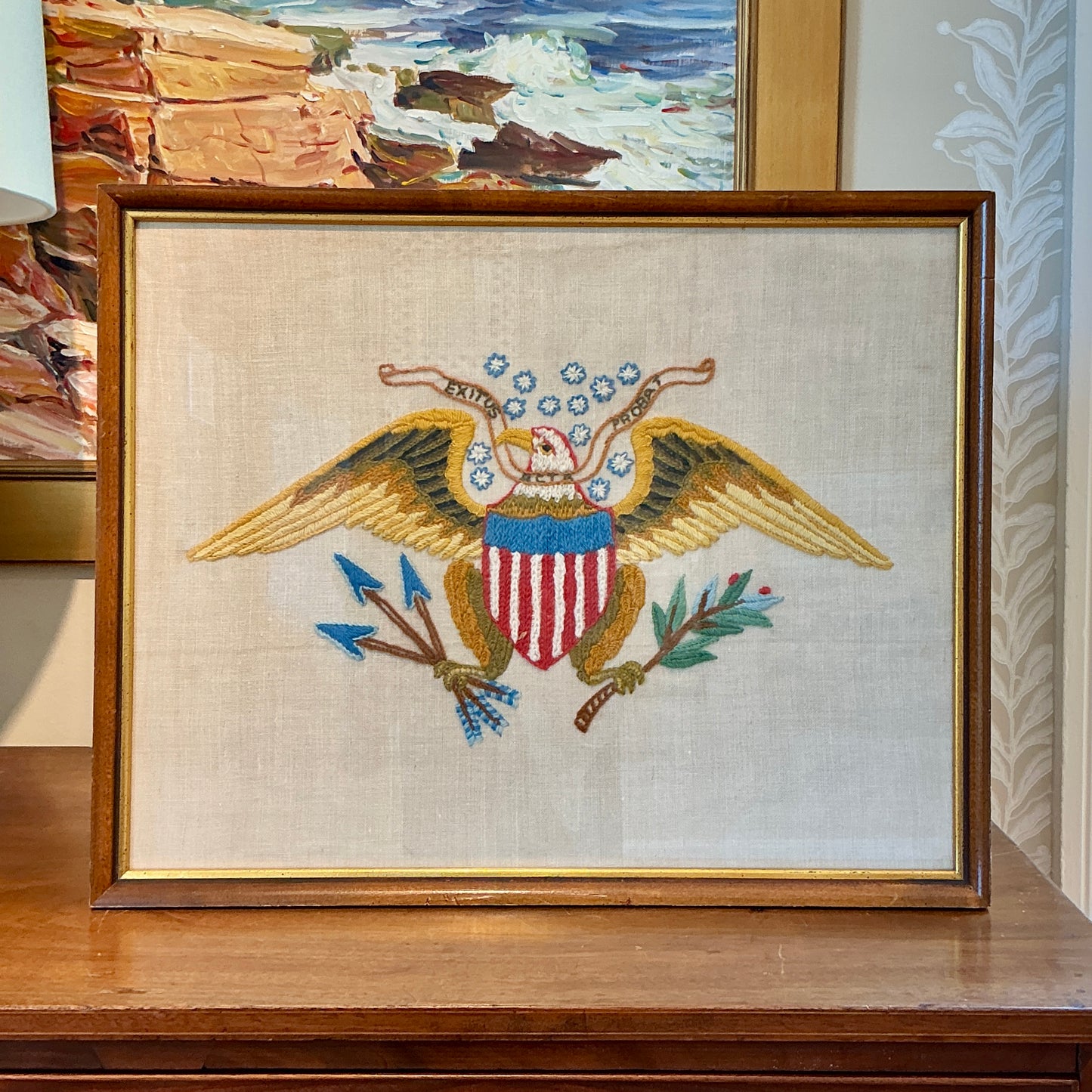 Vintage Bald Eagle Americana Embroidery in Wood Frame with Gilded Liner