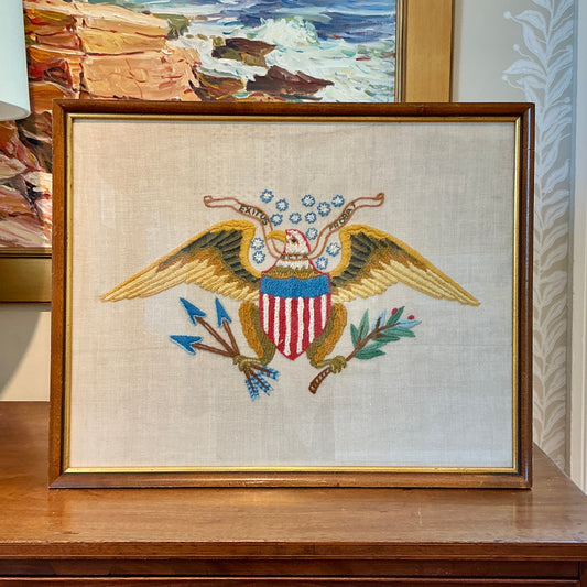 Vintage Bald Eagle Americana Embroidery in Wood Frame with Gilded Liner