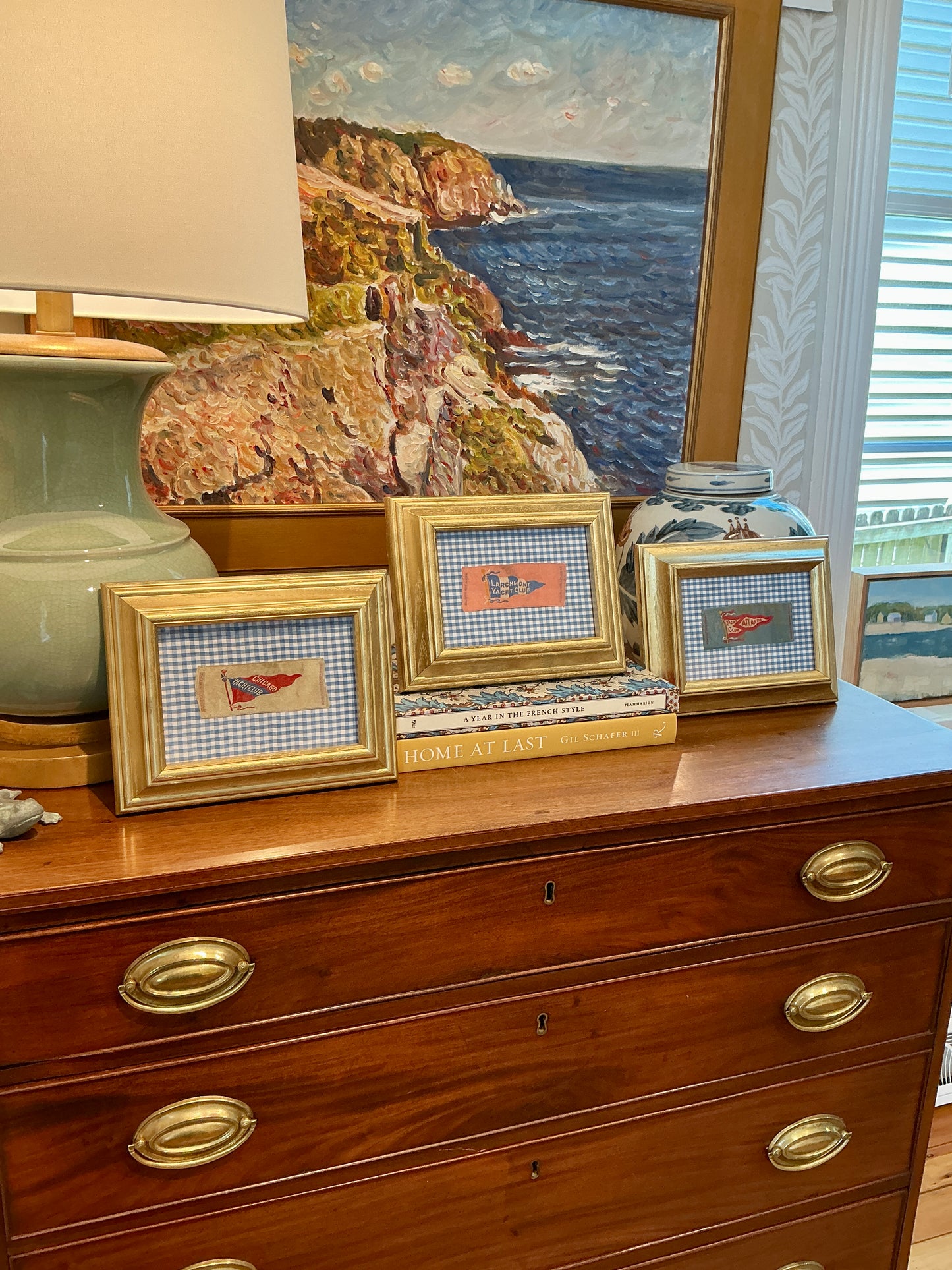 Antique Atlantic Yacht Club Tobacco Silk on Blue Gingham in Gold Frame