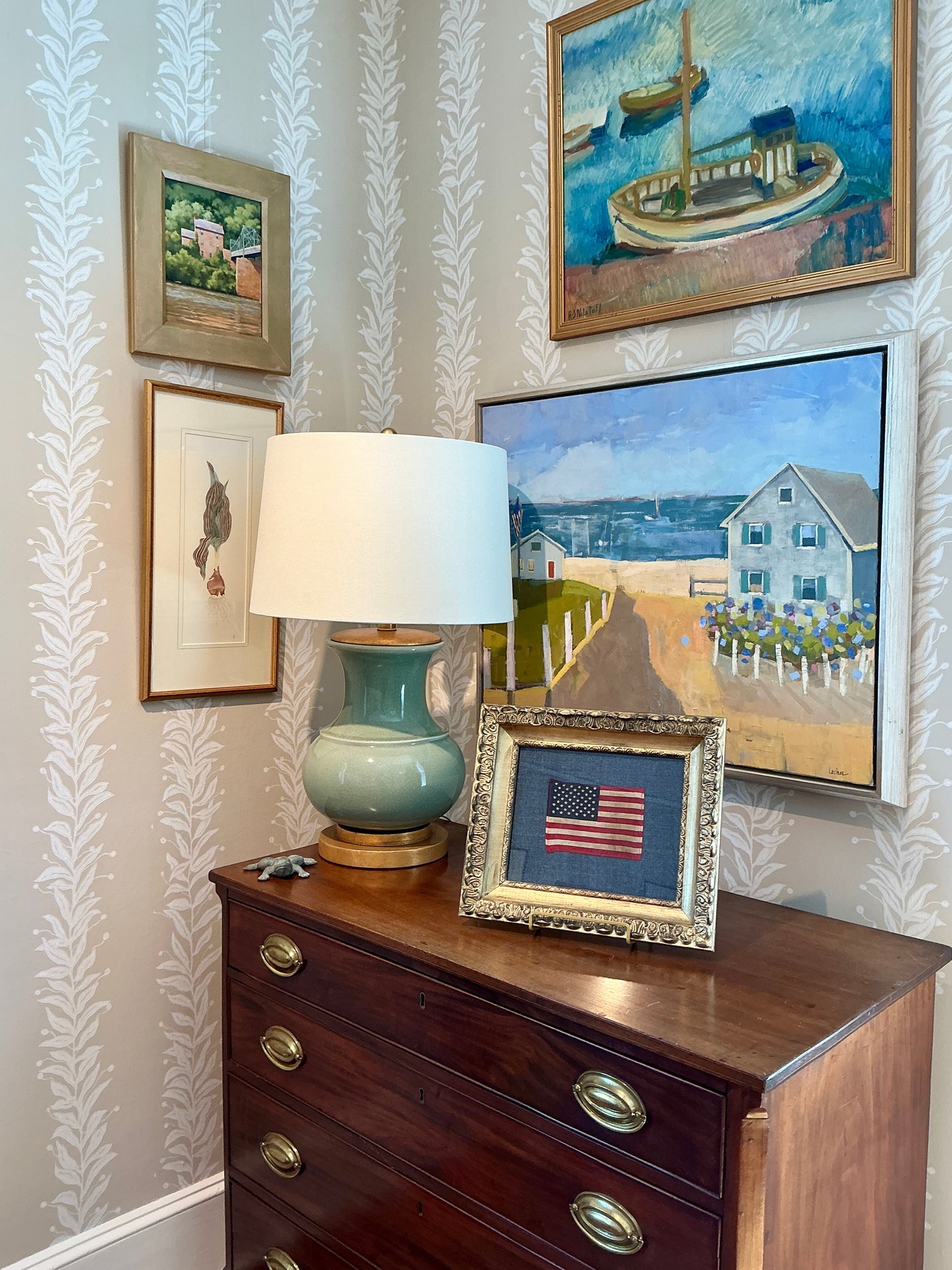 Vintage 50 Star American Flag on Dark Blue Twill in Antique Ornate Gold Frame