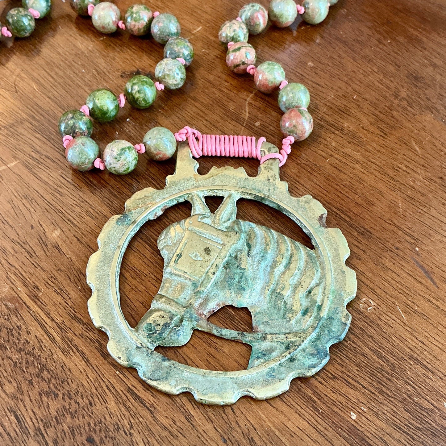 Antique English Horse Brass Horse Medallion Unakite Beaded Hand Knotted Necklace