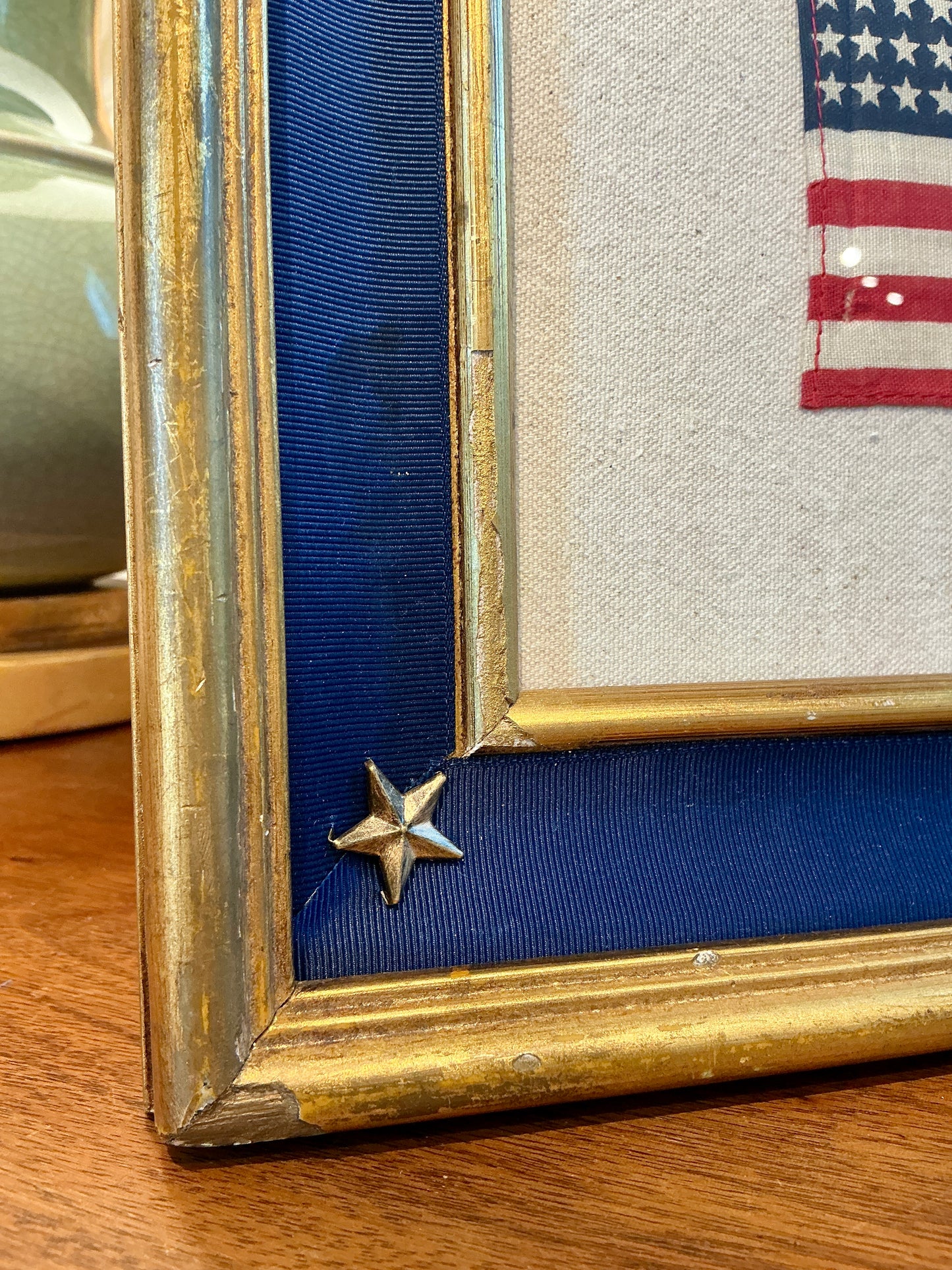 Vintage 48 Star American Flag on Ivory Duck Cloth with Blue Ribbon and Star Rivets in Gold Frame
