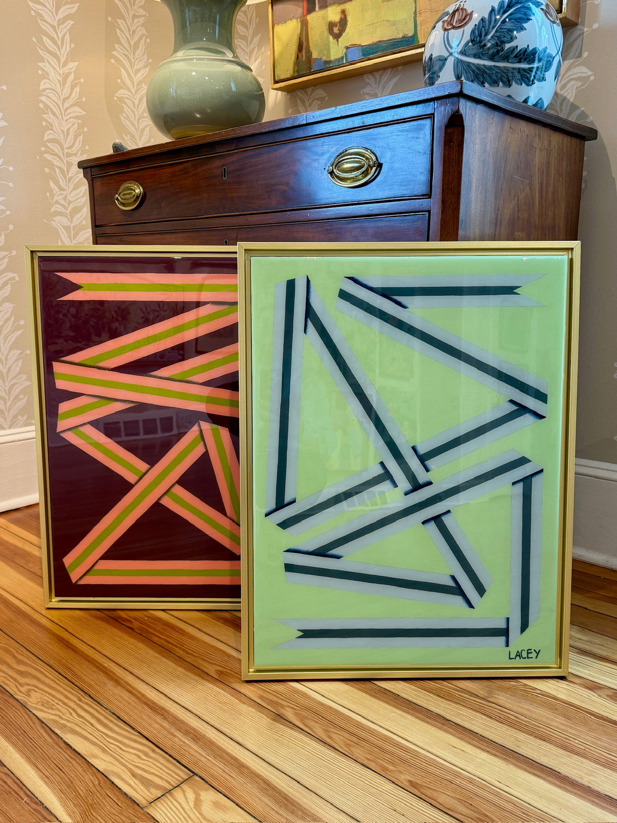 Lacey Craig Hooper Blueberry Ribbon Series Painting in Gold Floater Frame