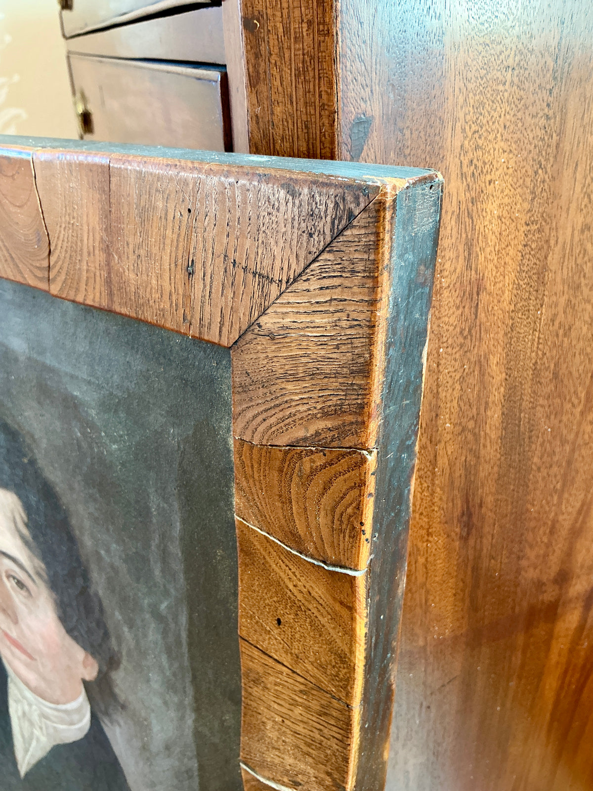 Pair of Early 19th Century Gentleman and a Lady Couple Portrait Oil Paintings in Grained Wood Frames