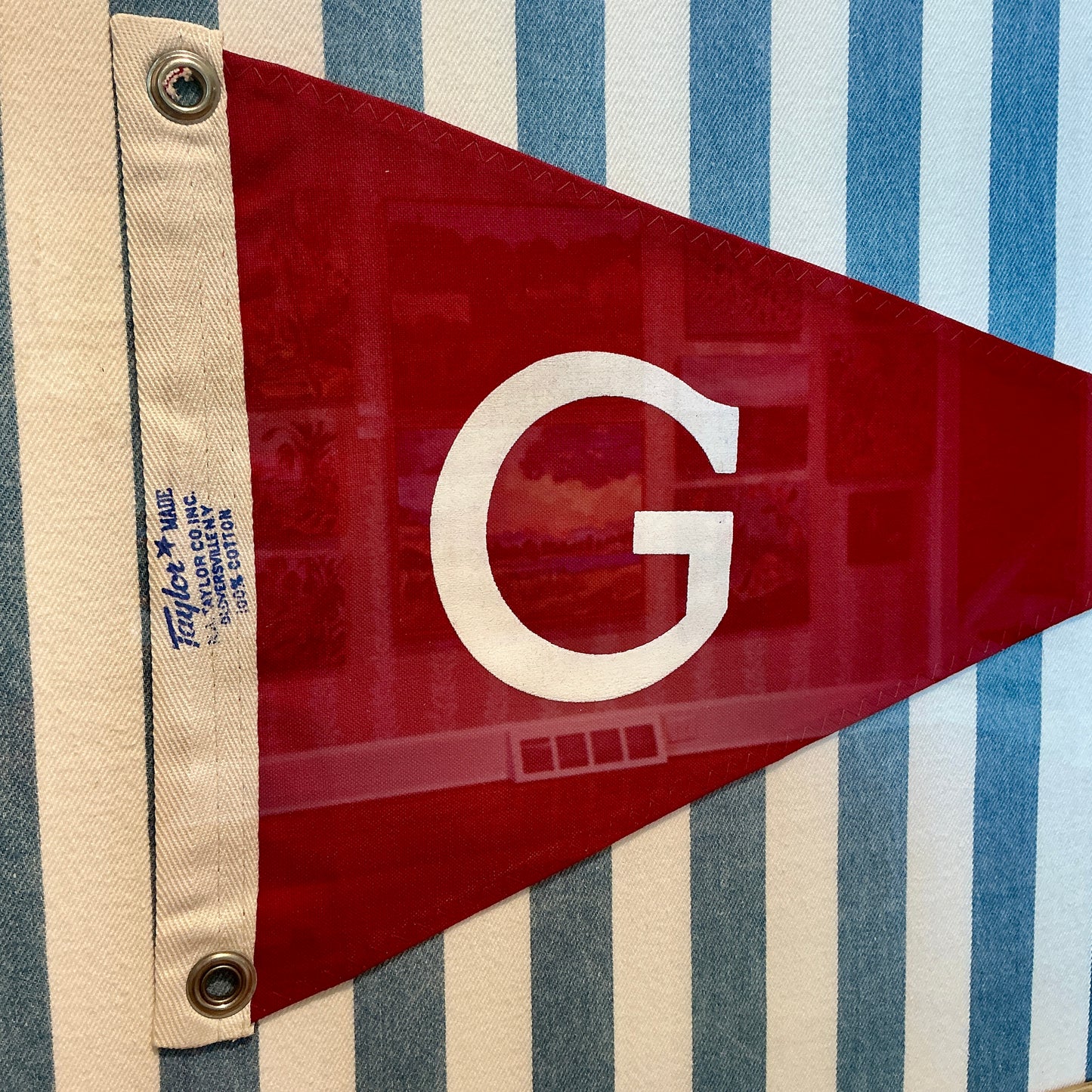 Vintage Red Canvas "G" Burgee Nautical Flag on Blue Stripes in Gold Frame