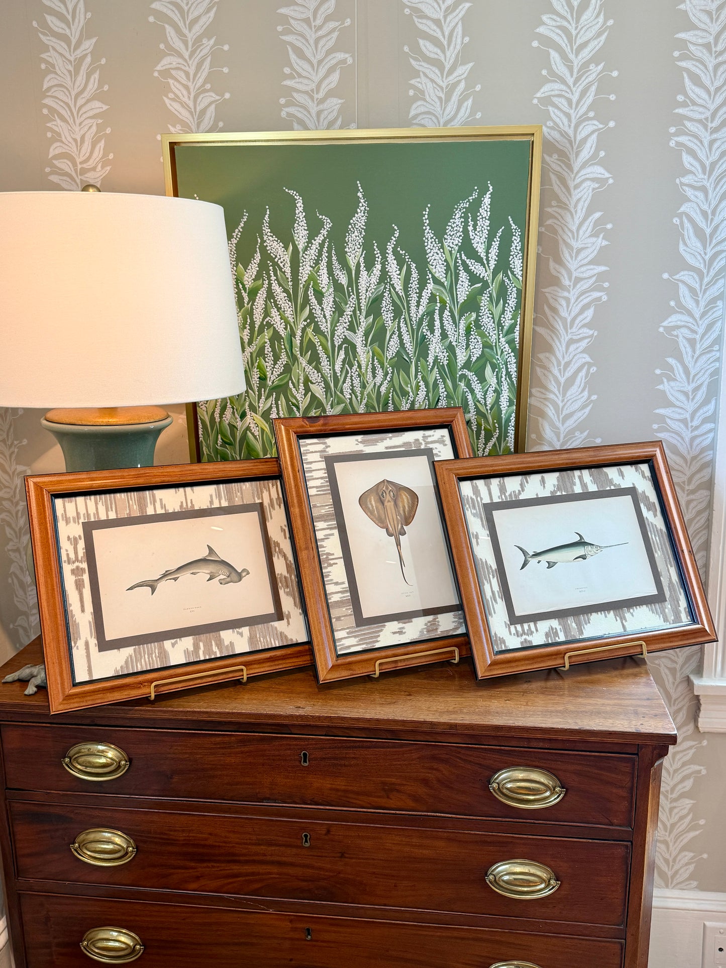 Set of Three 19th Century Shark, Fish and Ray Hand Colored Lithographs on Neutral Ikat Fabric in Wood Frame
