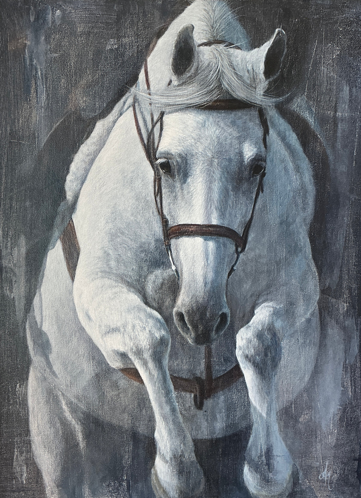Andrea Hennings Determined Horse Portrait Painting in Gold Floater Frame