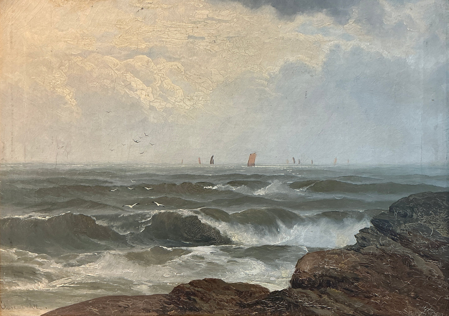 Clarence Henry Roe 19th Century Red Sail Sailboats in Seascape Oil Painting in Gold Frame