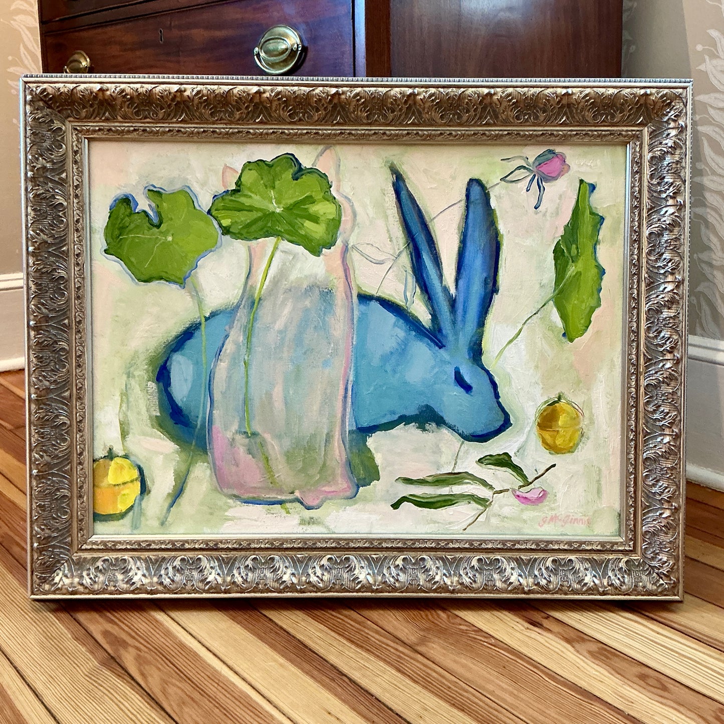 Gretchen McGinnis Summer Blue Rabbits Oil Painting in Ornate Silver Frame